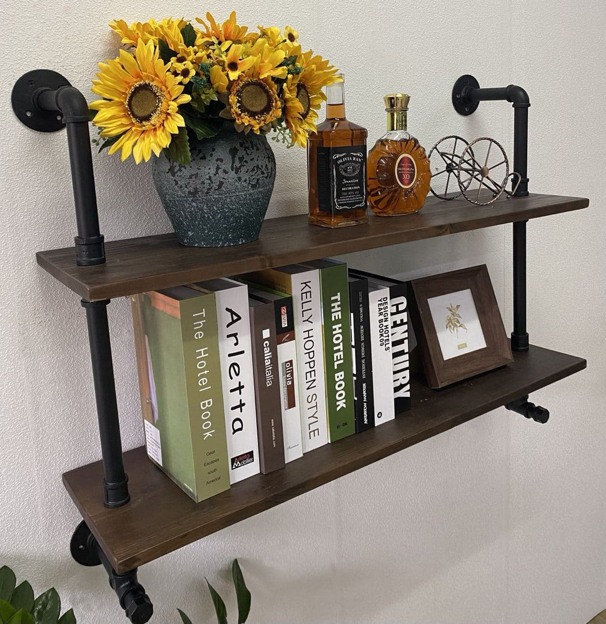 Industrial Pipe Wall Shelves Pipe Shelving with Real Wood Plank ,36 Inches Floating Shelves for Wall Farmhouse Pipe Book Shelves Dark Brown 2 Tier for Kitchen,Living Room Decor and Bar Shelving ROGMARS