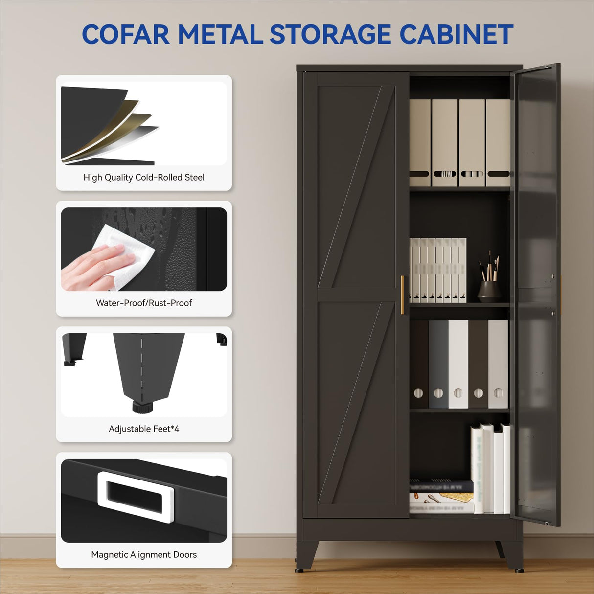 COFaR Black Metal Cabinet, 61 in Tall Metal Storage Cabinet with 3 Adjustable Shelves and Barn Doors, Farmhouse Cupboard Storage for Garage Kitchen Pantry Office, 4-Tier COFaR