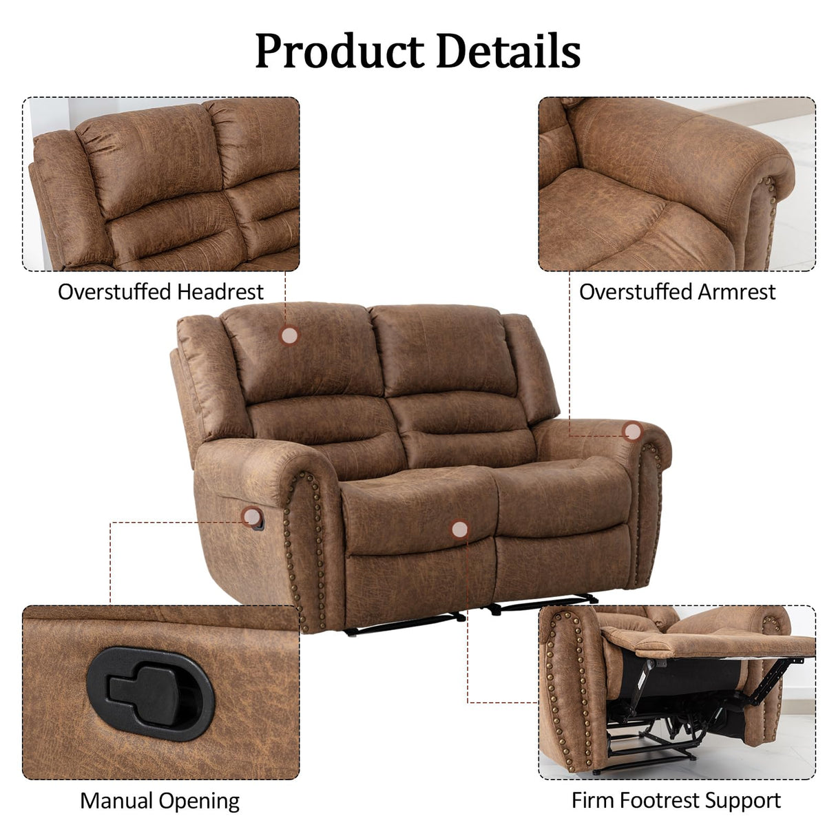 CANMOV Faux Leather Manual Loveseat Recliner, 2 Seat Reclining Chair, Overstuffed Comfortable Arms and Back Recliner Chair, Couch Set for Living Room, Bedroom Furniture, Office,Nut Brown CANMOV