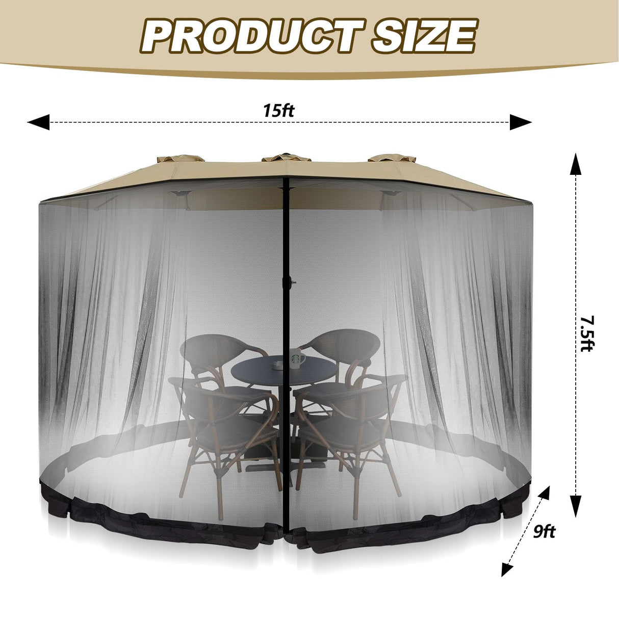 Wesnoy 13-15 ft Umbrella Mosquito Netting Patio Mosquito Netting with Double Zipper Door Patio Umbrella Screen Enclosure Mesh Mosquito Umbrella Canopy Mesh Net Screen for 10'x10' Pop up Gazebo, Black Wesnoy