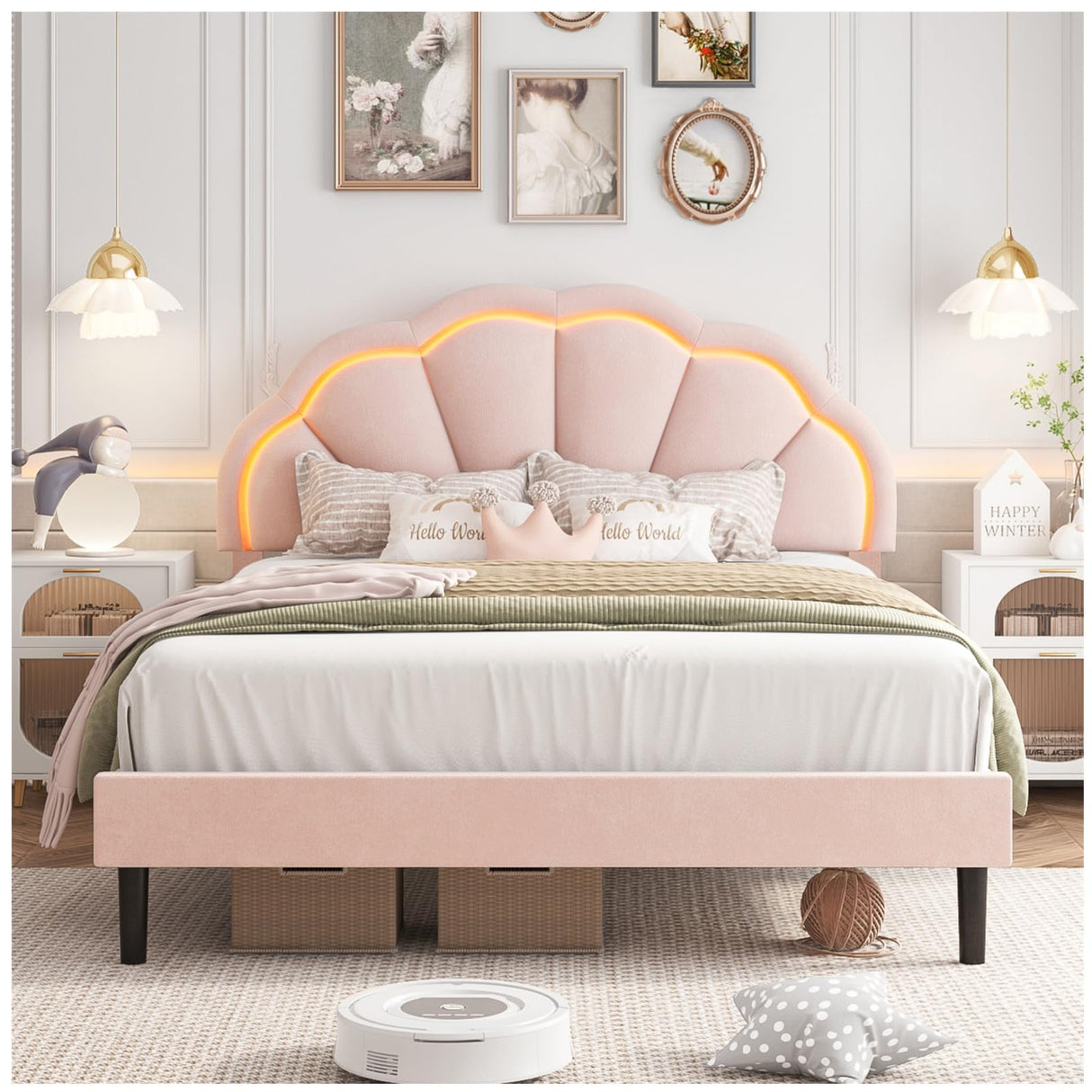 HIFIT Full Upholstered Smart LED Bed Frame with Adjustable Chic Petal Headboard, Princess Full Size Platform Bed Frames for Kids/Girls, Wooden Slats Support, No Box Spring Needed, Easy Assembly, Pink HIFIT