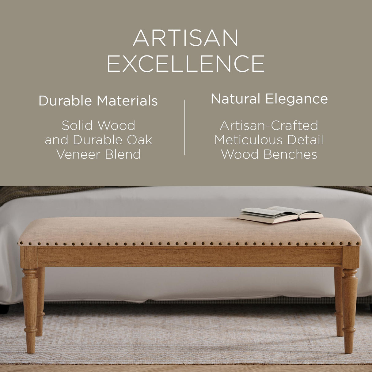 Maven Lane Elizabeth Traditional Wooden Upholstered Bench, Padded Seat for Kitchen Dining Room Table or Entryway in Antiqued Natural Finish Maven Lane