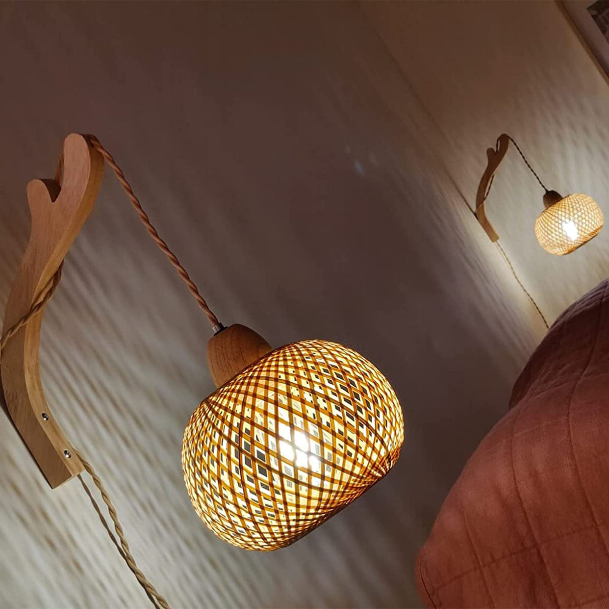 Frideko Bamboo Lantern Plug in Wall Sconces Wicker Wall Lamp with Plug in Cord Hand Woven Rattan Wall Light Farmhouse Rustic Wall Sconces Boho Sconces Wall Lighting for Living Room Bedroom FRIDEKO HOME