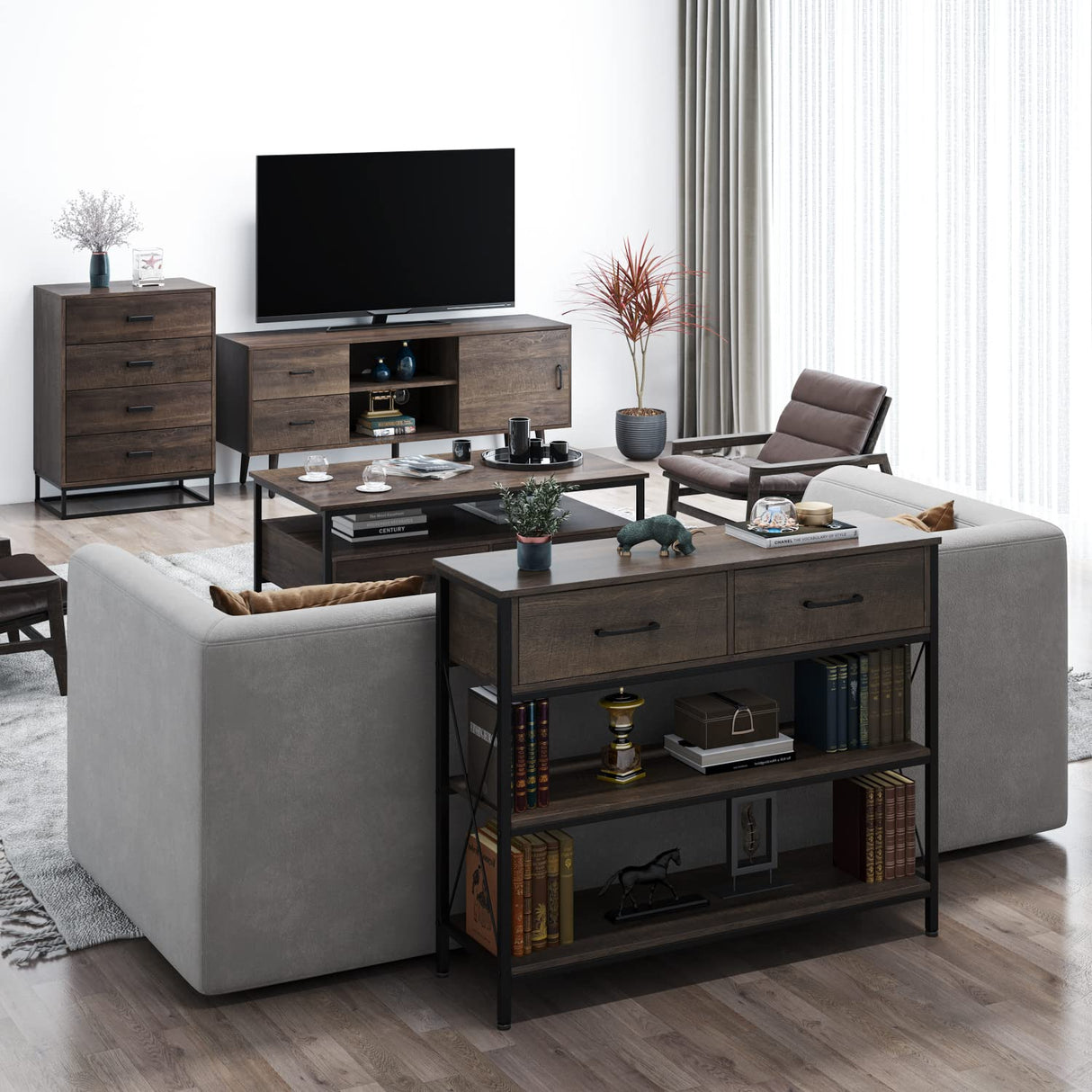 HITHOS Industrial Console Table with Drawers, Vintage Hallway Foyer Table with Storage Shelves, Narrow Long Sofa Entryway Table for Living Room, Dark Brown HITHOS