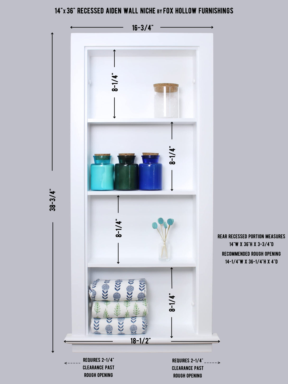 Fox Hollow Furnishings 14x36 Aiden Recessed Wall Niche Medicine Cabinet Replacement, in The Wall Bathroom Cabinet Insert Shelf/Shelves, Made in North America, Real Wood, NO MDF, Plain, White Fox Hollow Furnishings