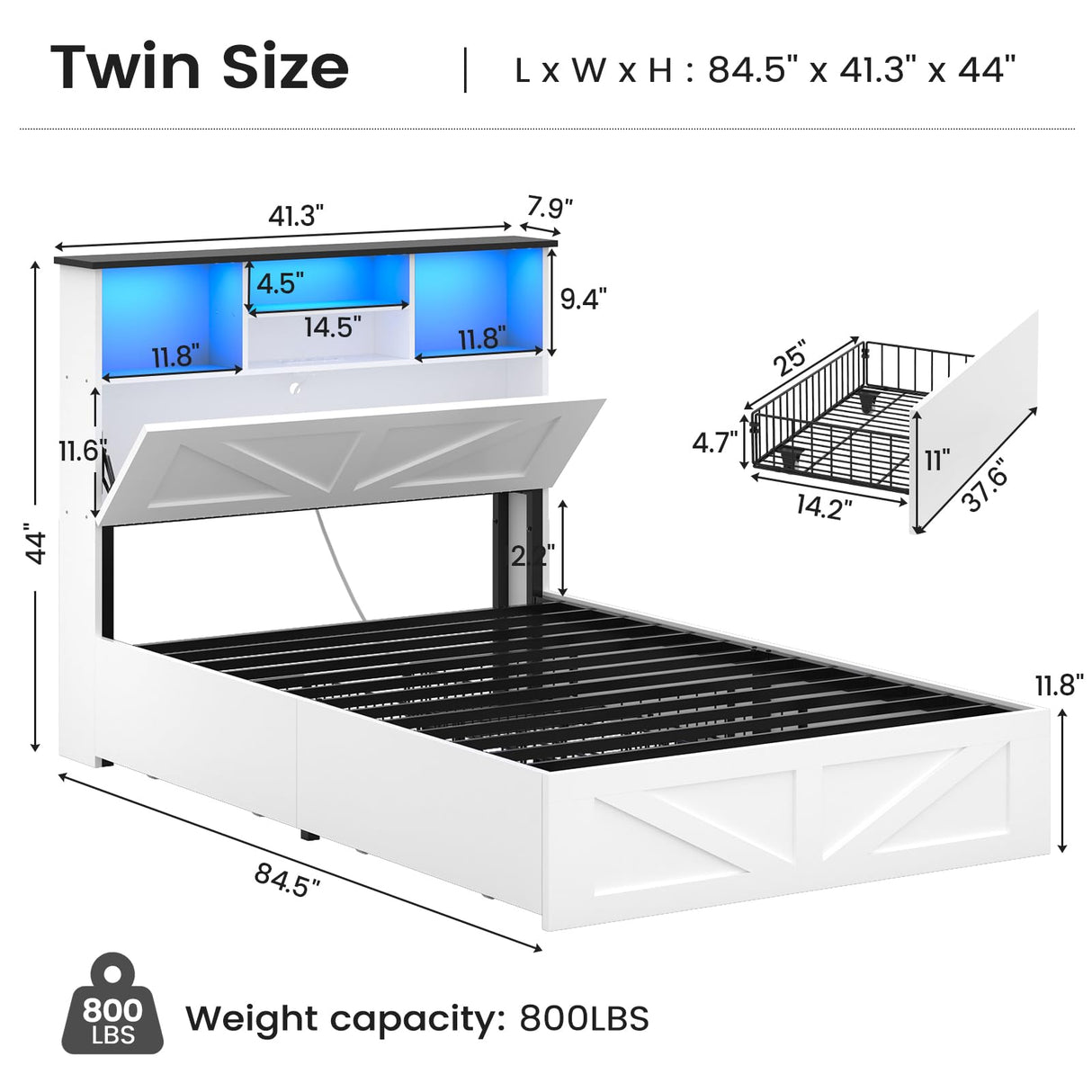 AOGLLATI Farmhouse Twin Bed Frame with 4 Storage Drawers and Charging Station,Wooden Led Twin Bed with Storage Hidden Space Headboard and Metal Slats,No Spring Box Needed,White AOGLLATI