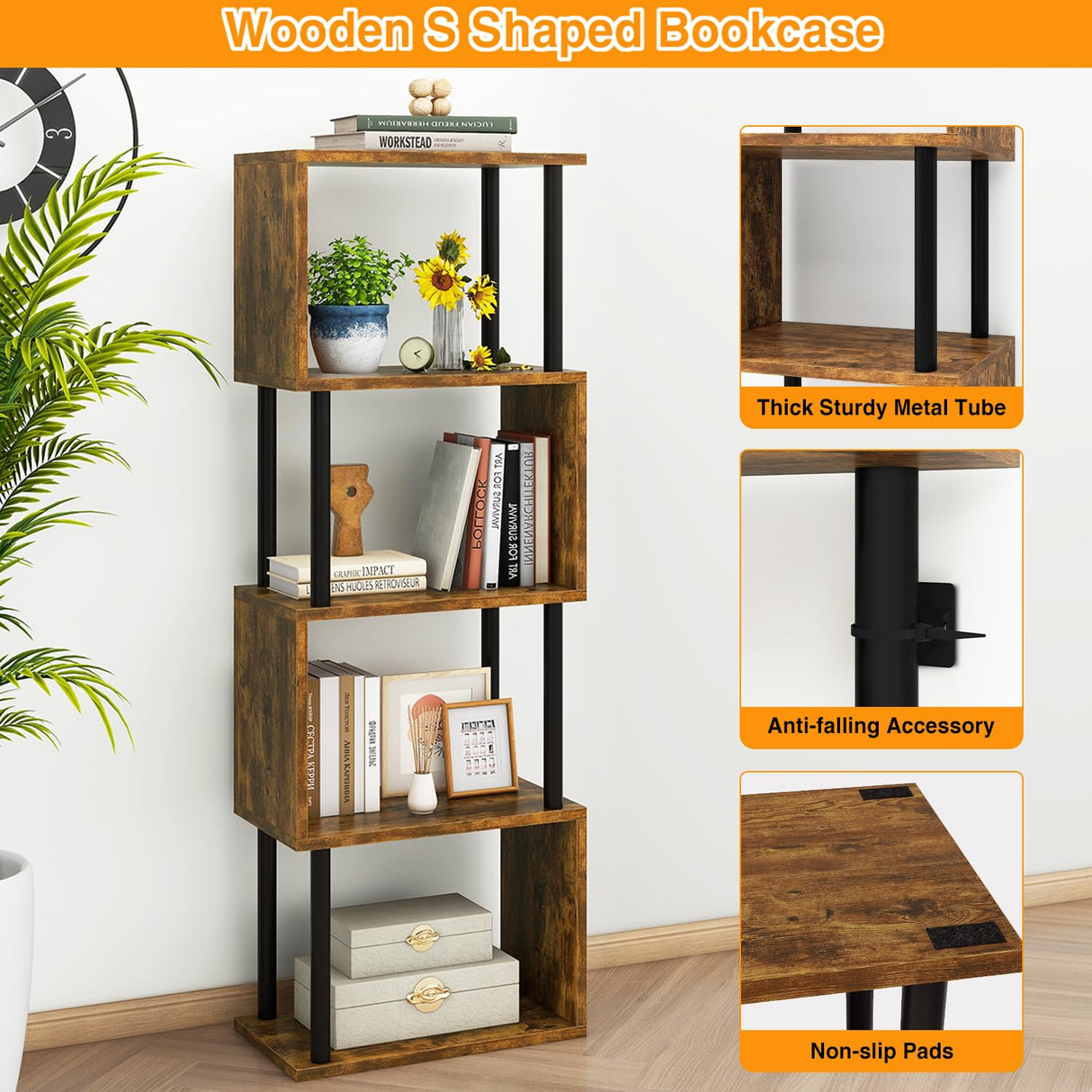 IBUYKE 5-Tier Tall Bookshelf,S-Shaped Geometric Bookcase, Wood Display Shelves with Storage,Industrial Bookshelf for Living Room Bedroom, Home Office, Rustic Brown WBC015H IBUYKE