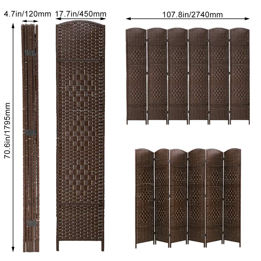 Room Divider 6 Panel Folding Privacy Divider 6 Ft Indoor Wall Divider Portable Partition Wood Screen, Brown FDW