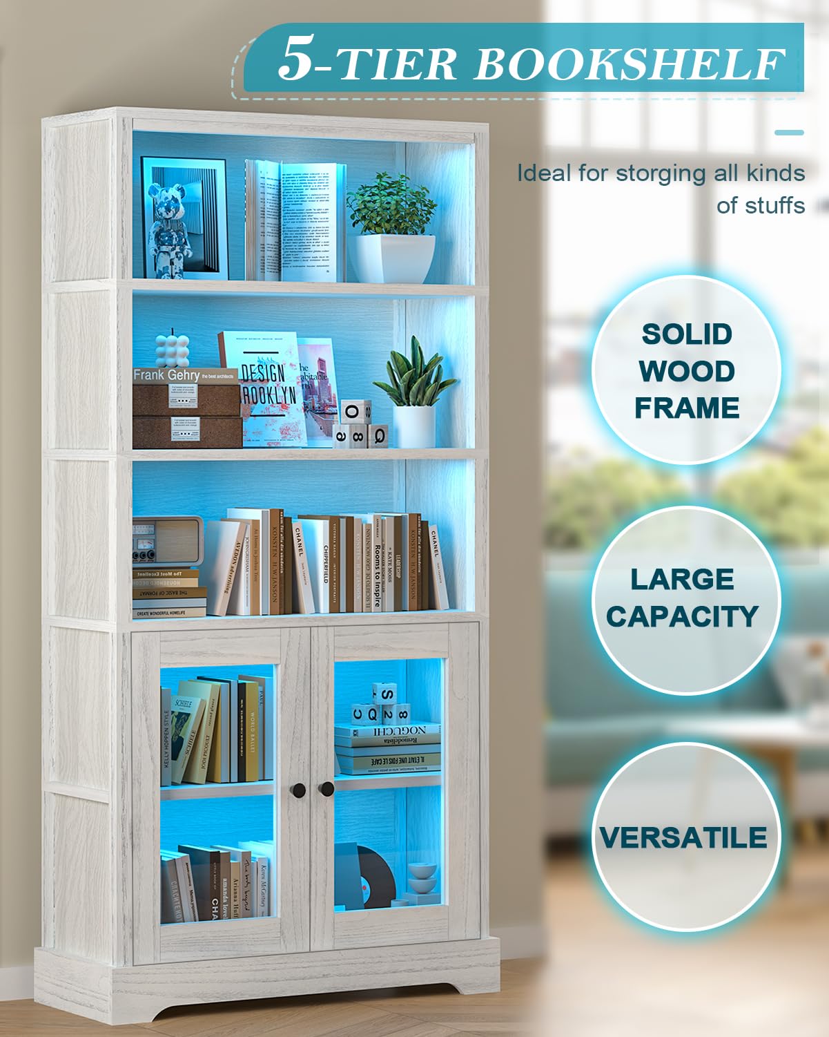 TVU 5-Tier Bookcase with Cabinet & LED, Wood 65 Inch Tall Bookshelf with Storage, Floor Standing Display Book Shelf for Living Room, Office, Study, Entryway (Antique White) TVU