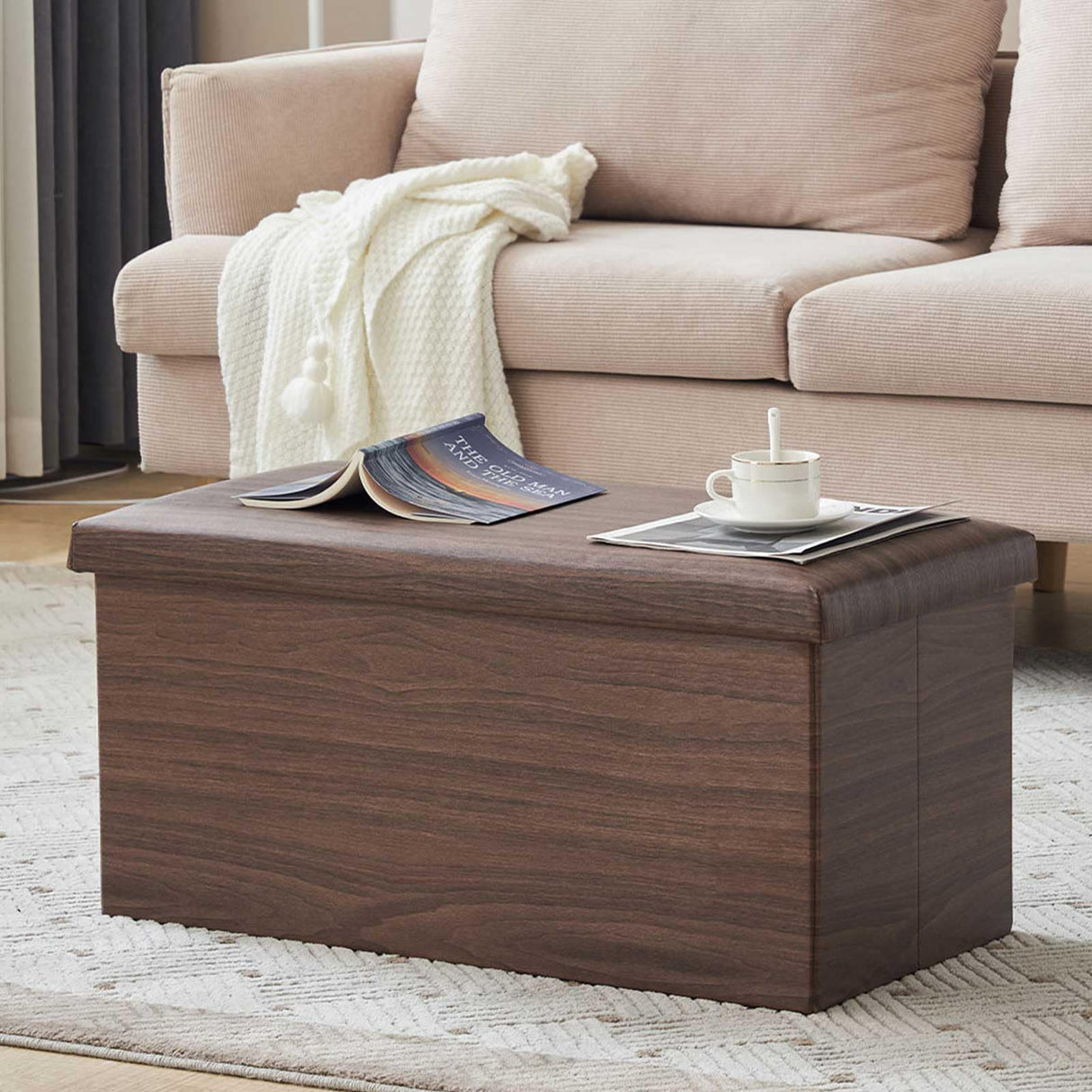 YOUDENOVA 30 inches Folding Storage Ottoman Bench, 80L Storage Bench for Bedroom and Hallway, Faux Leather Brown Footrest with Foam Padded Seat, Support 350lbs, Wood Grain Brown YOUDENOVA