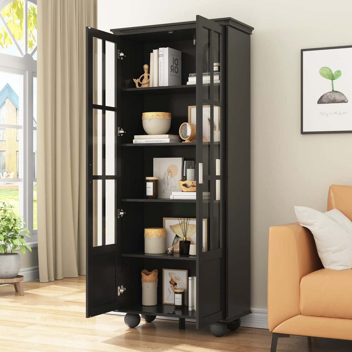 ECACAD 5-Tier Black Bookcase with Acrylic Doors for Versatile Storage and Display ECACAD
