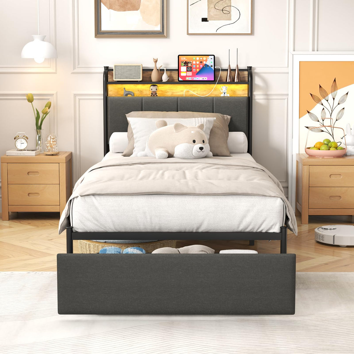 Zevemomo LED Twin Bed Frame with Charging Station, Twin Size Platform Bed with RGB LED Lights, 2 Tier Storage Headboard, Unique Heave Duty Metal Round Bar, No Box Spring Needed, Grey Zevemomo