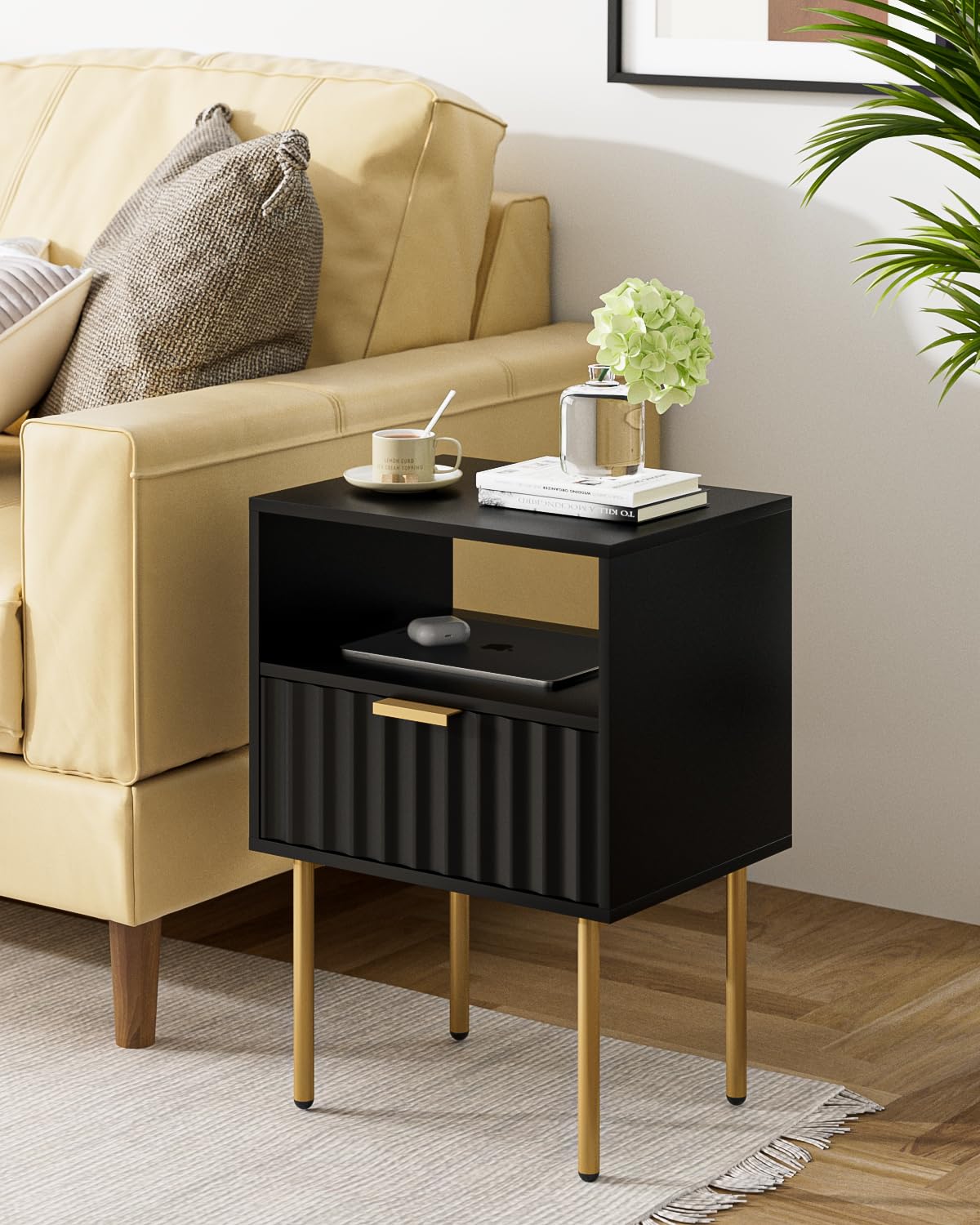 Aienvey Nightstand,Modern Bedside Table with Gold Frame,Black Night Stand,Bedside Furniture, Modern Side Table with Drawer and Shelf for Bedroom,Living Room (Black) Aienvey