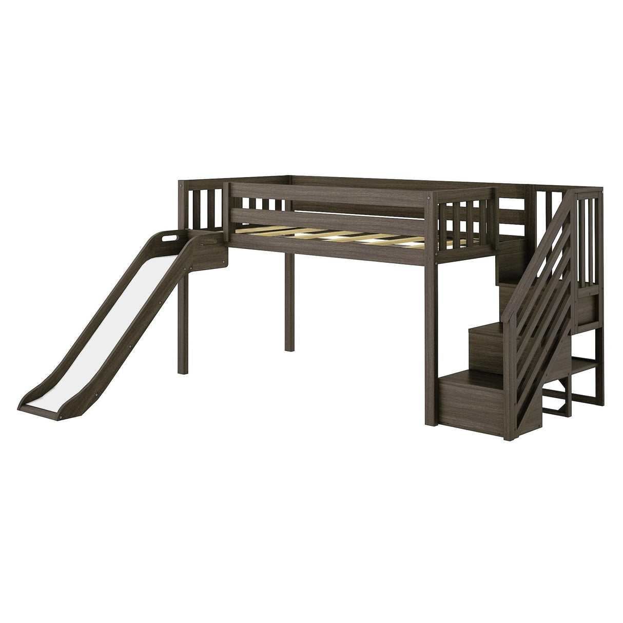 Max & Lily Twin Size Low Loft Bed with Slide and Stairs, Classic Solid Wood Kids Bedroom Furniture, 400 lbs Weight Capacity, 14" Safety Guardrail, Anti-Slip Steps, Clay Max & Lily