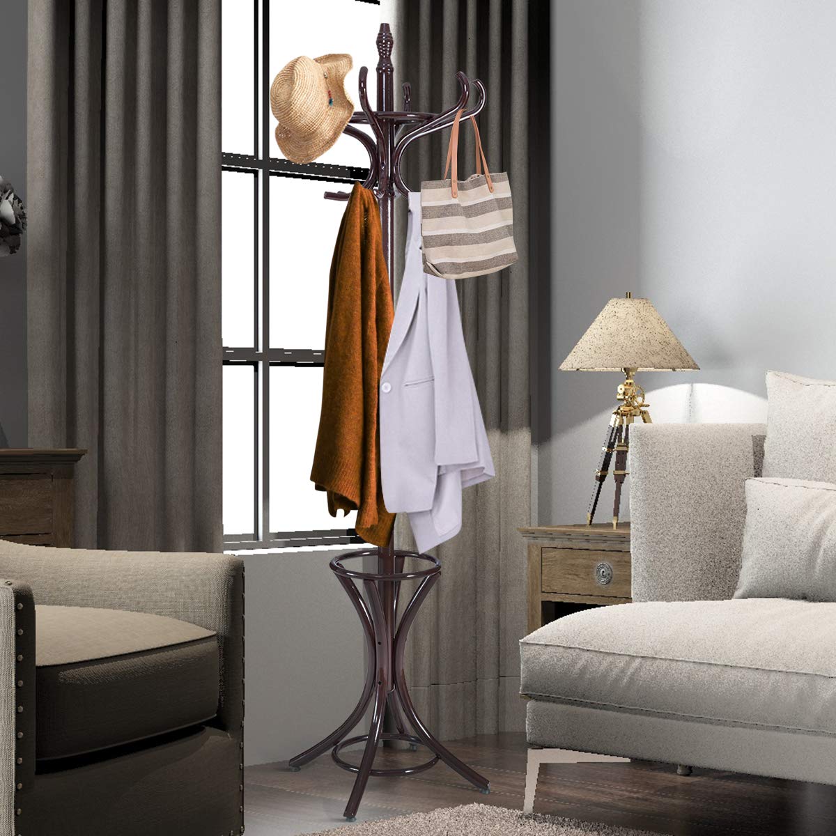 GOFLAME 73" Coat Rack Freestanding, Wooden Coat Tree with 12 Hooks and Umbrella Stand, Entryway Hall Tree, Hat Hanger Organizer, Coat Rack Stand for Coats, Hats, Scarves, Bags, Easy Assembly, Brown GOFLAME