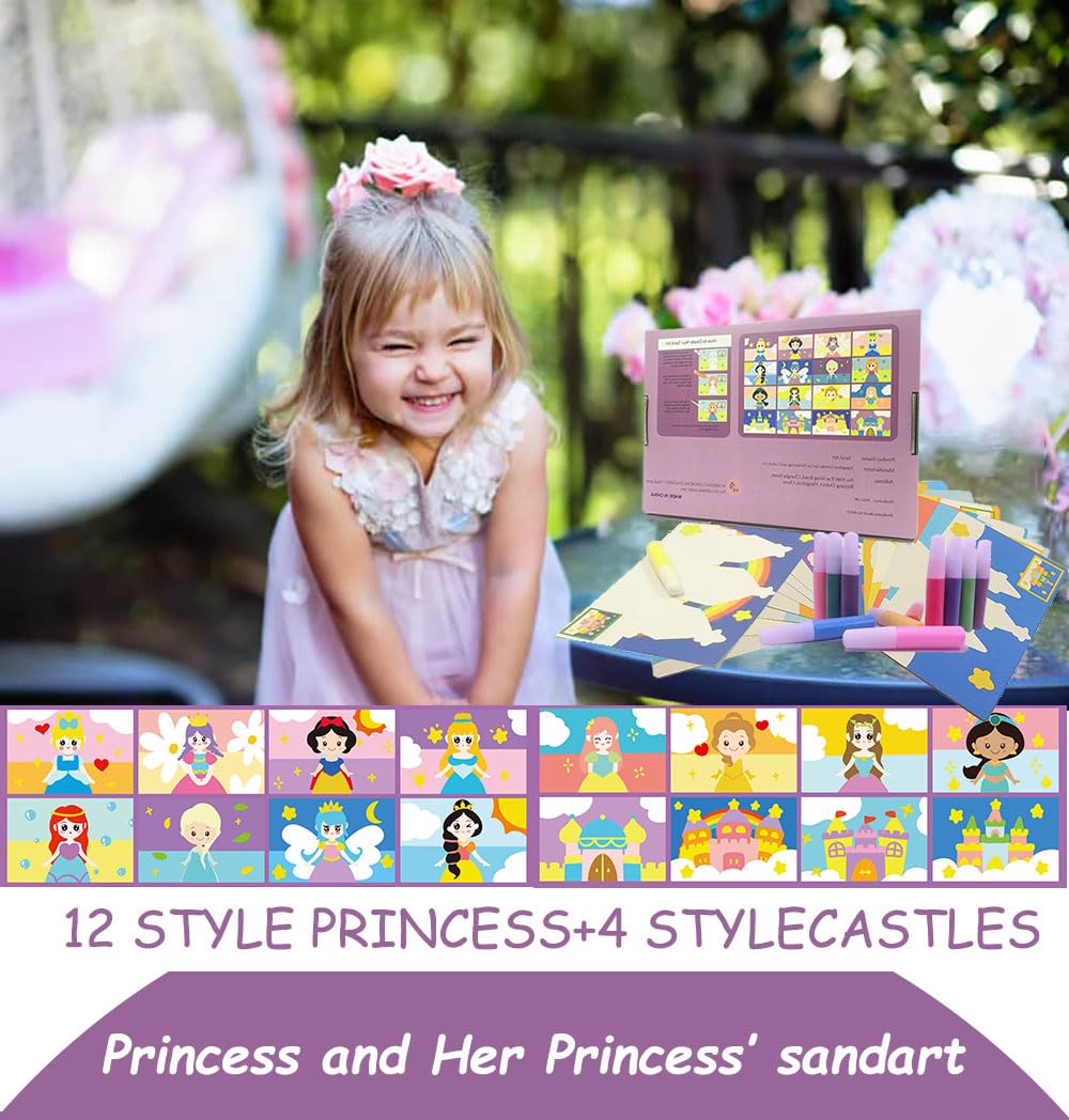 MoimTech Sand Art Kits for Kids,16 Arts and Crafts Designs,Sheet Sand Art Painting Cards,Princess and Castle Theme,Reusable Sand Tray 12 Color Sands & Tools,Stocking Stuffers for Kids MoimTech