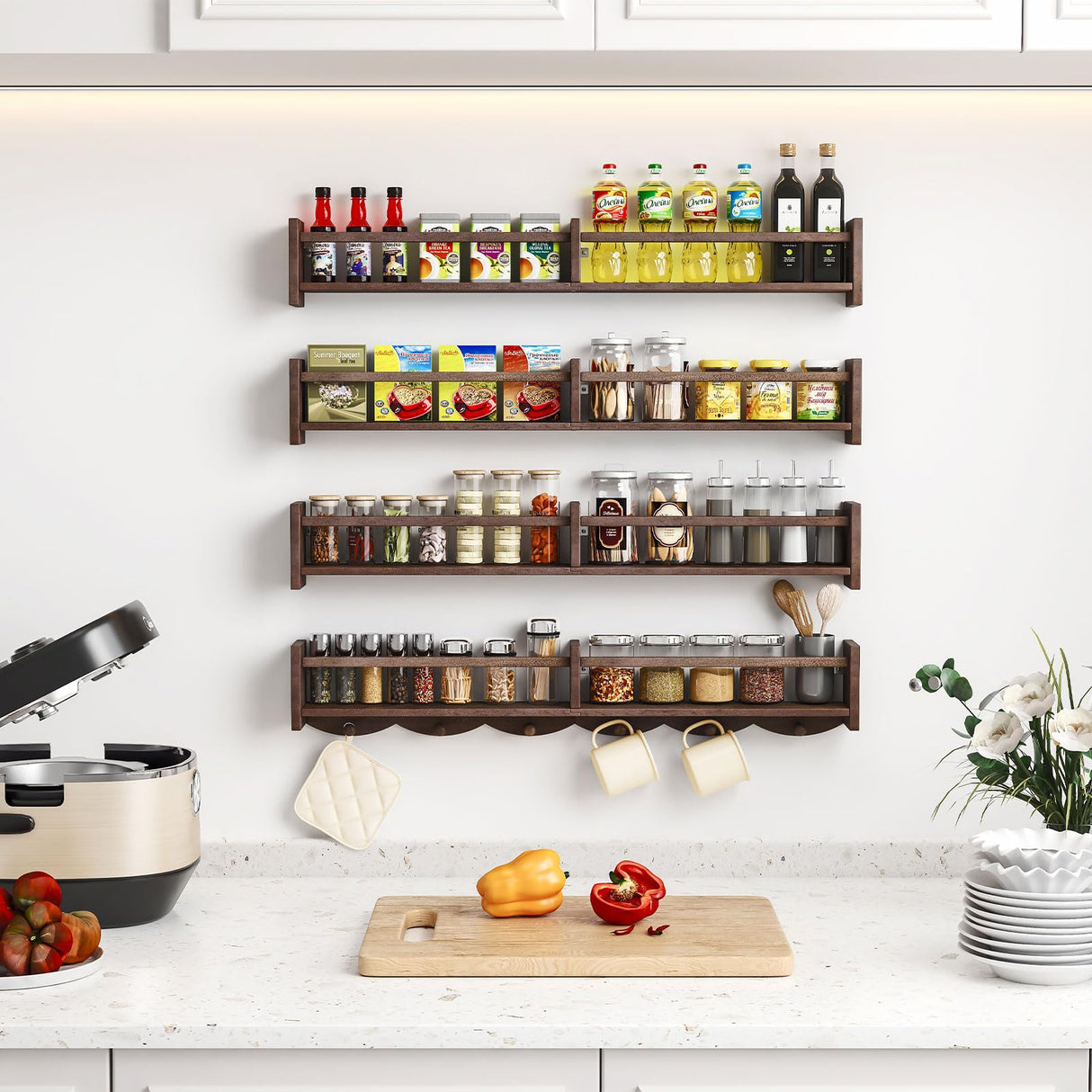 ECOOCE 34Inch Nursery Bookshelves,Set of 4,Wall Floating Shelf Kids Coat Rack with 6Hooks,Hanging Book Shelf for Baby Nursery Room Décor (Dark Brown, 34) ECOOCE