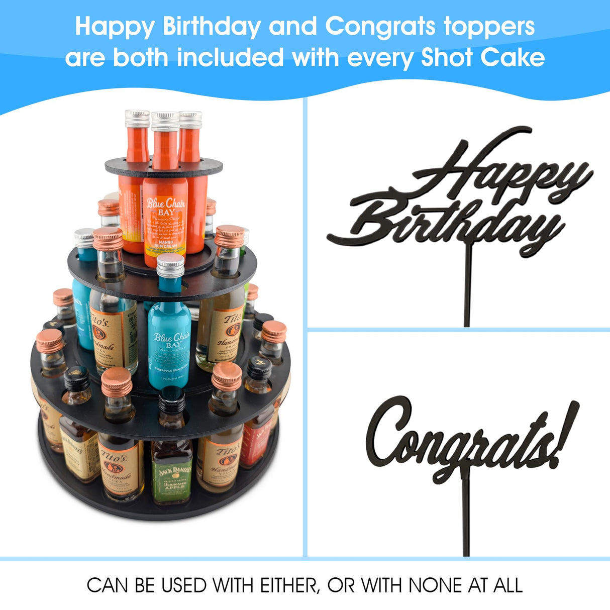 Shot Cake Party Display for Mini Liquor Bottles | 21st Birthday Holiday Celebration Decoration Centerpiece (Three Tier, Black) Shot Cake