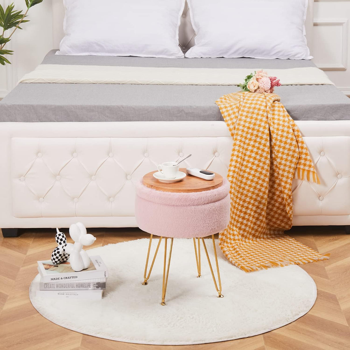 Cplxroc Ottomans Round Faux Fur Ottoman with Storage Footstools Vanity Chair Coffee Table Ottoman for Living Room (Pink) Cplxroc