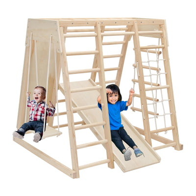 EDOSTORY 7 in 1 Pikler Indoor Playground Jungle Gym Playset, Wooden Montessori Climber with Slide, Rock Climb Wall, Monkey Bars, Rope Ladder, Climbing Rope and Swing for Kids(Natural)