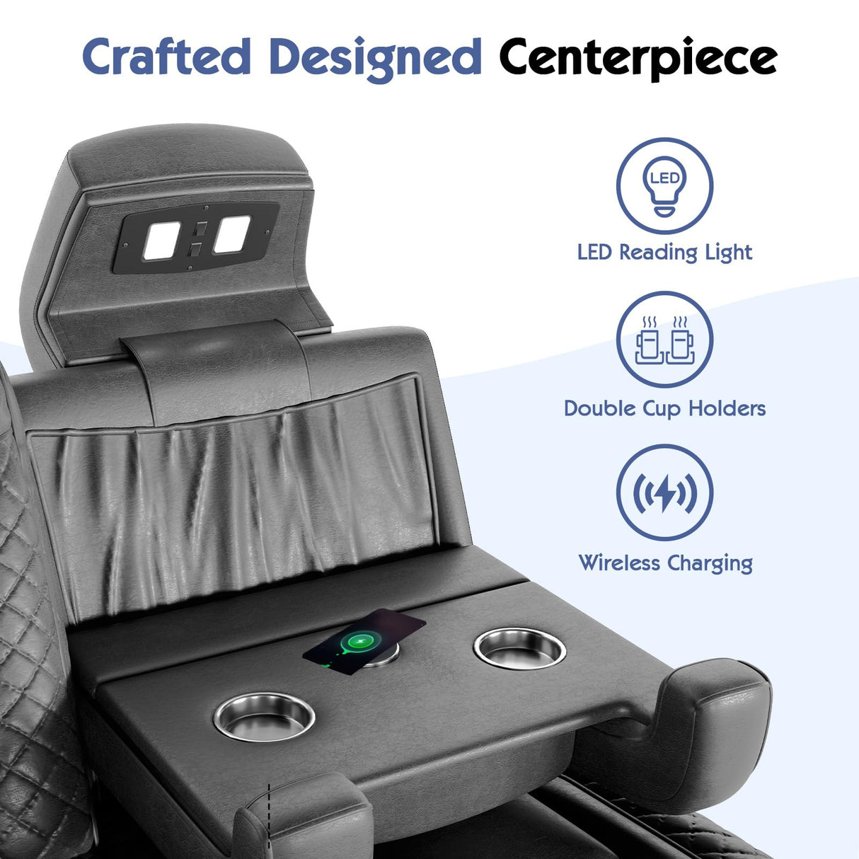 Jocisland Home Theater Seating, Dual Motor Movie Loveseat Leather Recliner with USB & Wireless Charging, 3 Seats Sofa Chair for Media Room w/Electric Headrest, LED Light,Fold Down Table,4 Cup Holders Jocisland