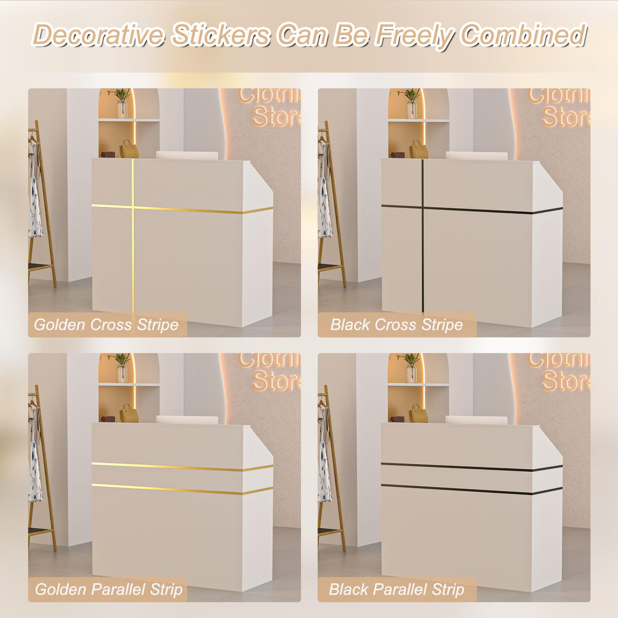 AHB Reception Desk with Counter, Modern Front Table Equipped Lockers & Storage Shelves, 48-inch Checkout Counter with DIY Stripe for Lobbies, Salons, Retail, Home Offices, Reception Room AHB