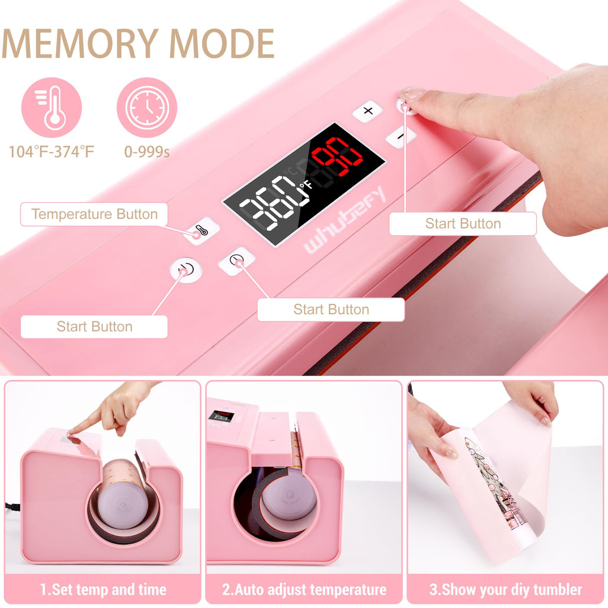 Whubefy Auto Tumbler Heat Press Machine, Pink Mug Heat Press for 10-30oz 2.9-3.34 Inch Heating Even & Fast, PRO Tumbler Press Machine with Starter Kit, Sublimation for Tumbler, Glass Jar, Can & Mugs Whubefy