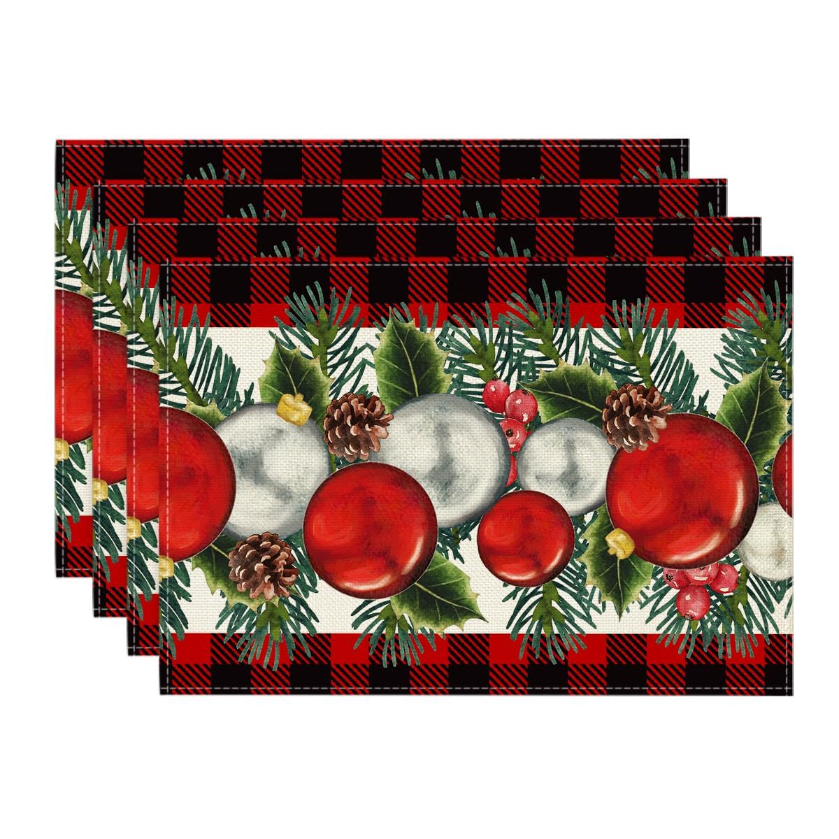 Artoid Mode Red Black Buffalo Plaid Holly Pine Cones Christmas Balls Placemats Set of 4, 12x18 Inch Seasonal Winter Table Mats for Party Kitchen Dining Decoration Artoid Mode