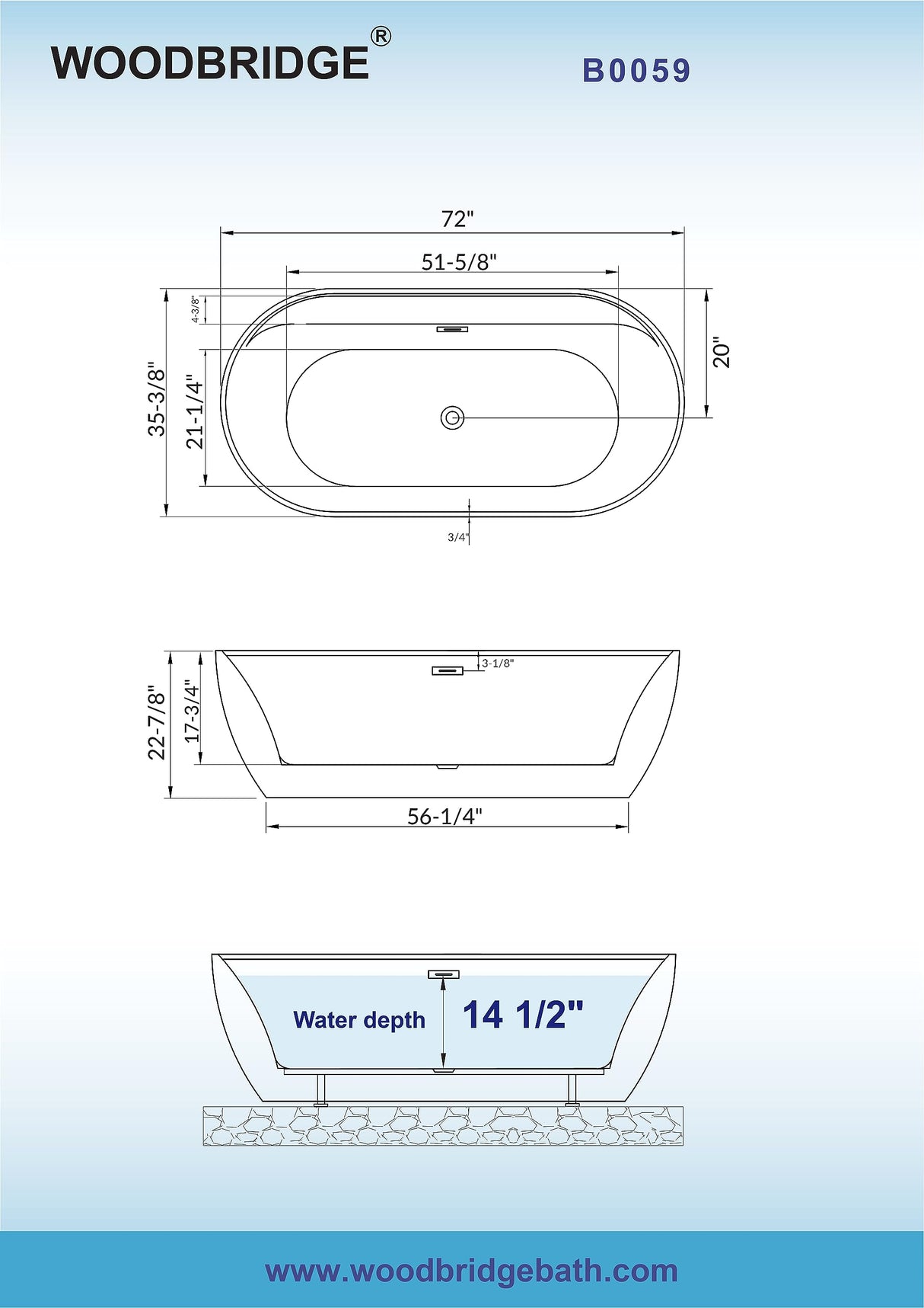 WOODBRIDGE 72" Acrylic Freestanding Bathtub Contemporary Soaking White Tub with Brushed Nickel Overflow and Drain,B0059-BN WOODBRIDGE