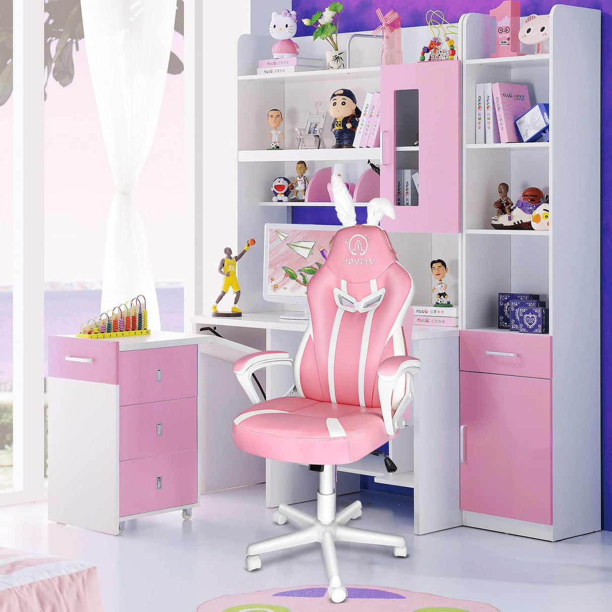 JOYFLY Pink Gaming Chair with Bunny Ears, Cute Chair for Kids, Girl Gaming Chair for Adults, Ergonomic Video Office Gamer Chair, Kawaii Silla Gamer Computer Chair for Girlfriend, Sister, Wife (Pink) JOYFLY