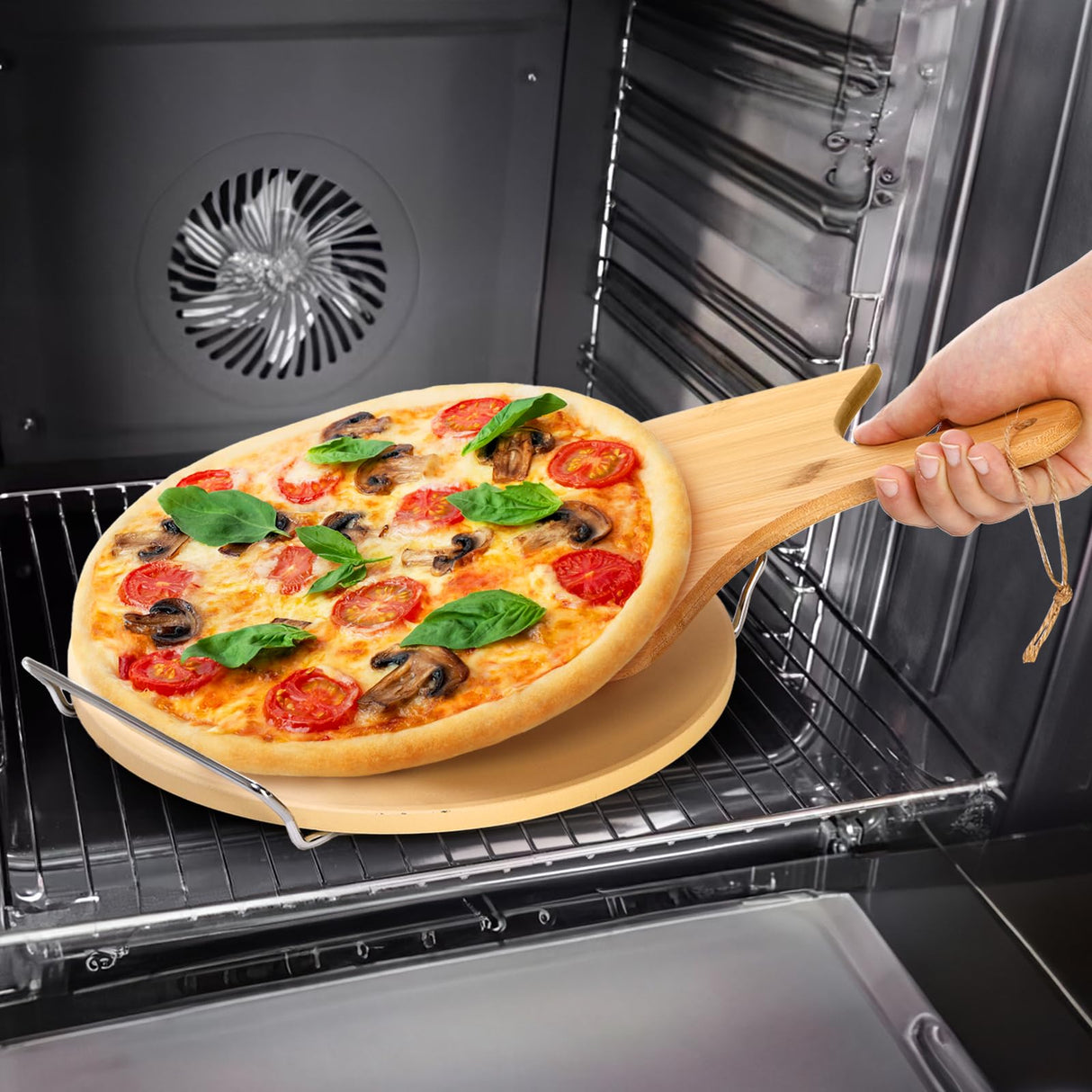 ZENFUN Round Pizza Stone with Wooden Peel and Metal Carry Rack 12 In Cooking Pizza Stone for Oven Baking and BBQ Grilling Round Baking Stone Cordierite Pizza Cooking Pan Free Bamboo Pizza Peel Paddle ZENFUN
