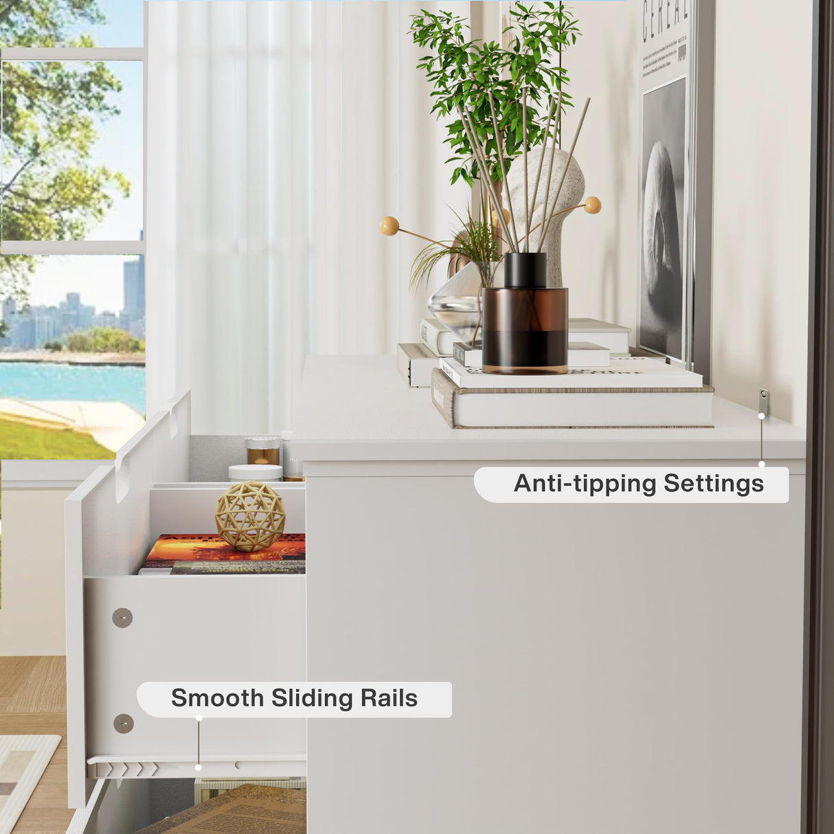 6 Drawers White Dresser for Bedroom, Wood Large Double Dresser with Hidden Handles, Modern Chests of Deep Drawer Storage Organizer for Hallway, Entryway Tradare