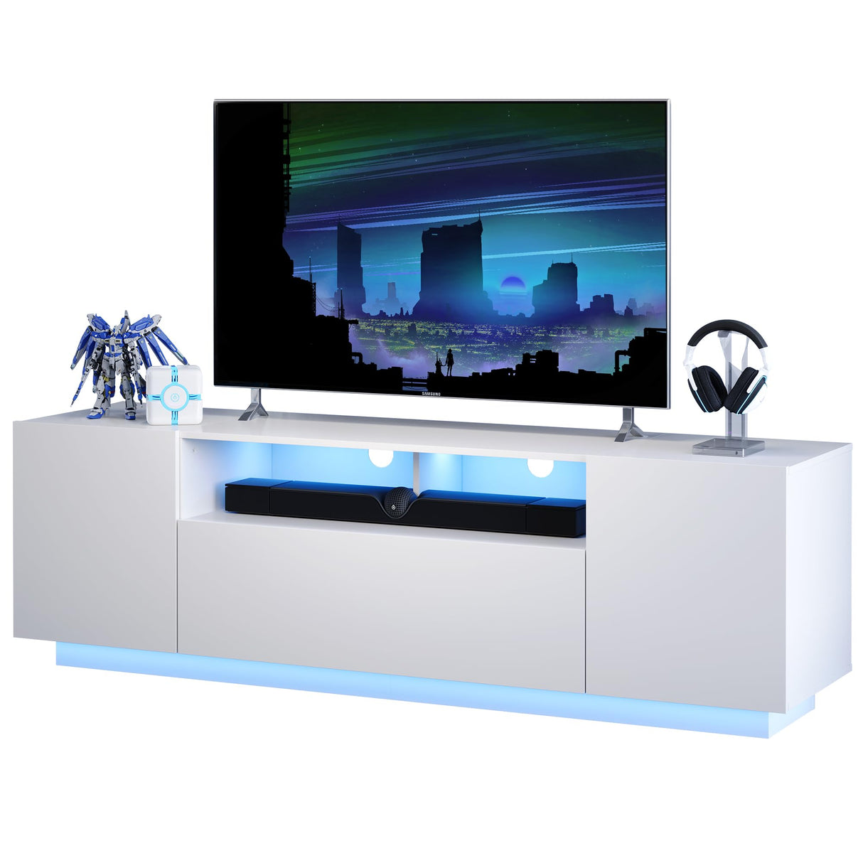 WLIVE TV Stand for 65 Inch TV, Modern Entertainment Center with LED, 58" TV Console with Storage Cabinet, TV Stands for Living Room, White WLIVE