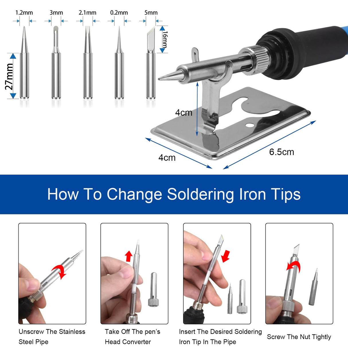 Soldering Iron Kit Soldering Kit With Temperature Adjustable Electric Soldering Gun,60w 110v Soldering Iron With Ceramic Heater,5pcs Different Soldering Tips Soldering Iron Stand (Blue) Vanwoke