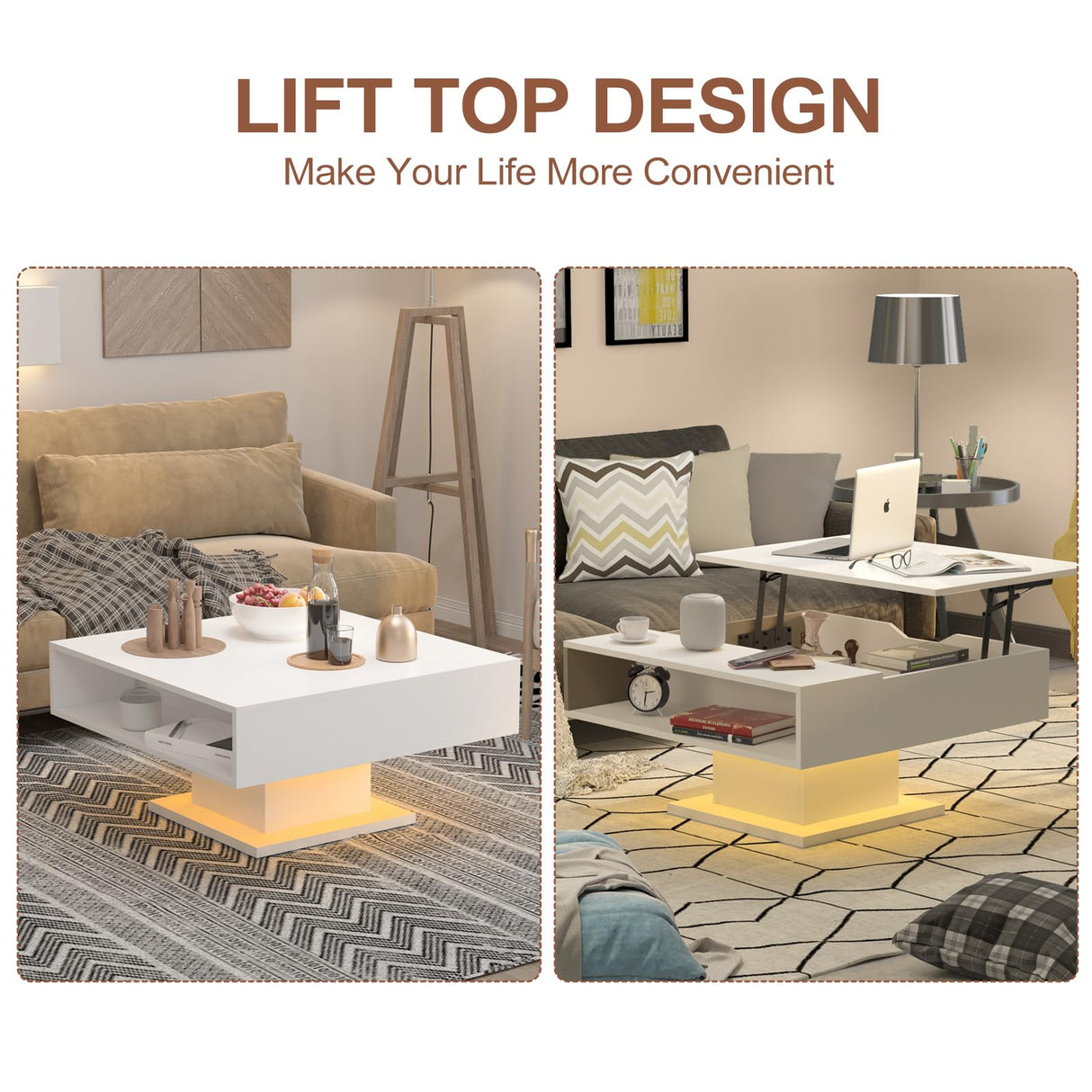 HedoAjim White 30.7" Lift Top Coffee Table with Storage, Square Led Coffee Table with Large Hidden Storage, Wood Living Room Table Led Center Table for Dining Reception Room HedoAjim