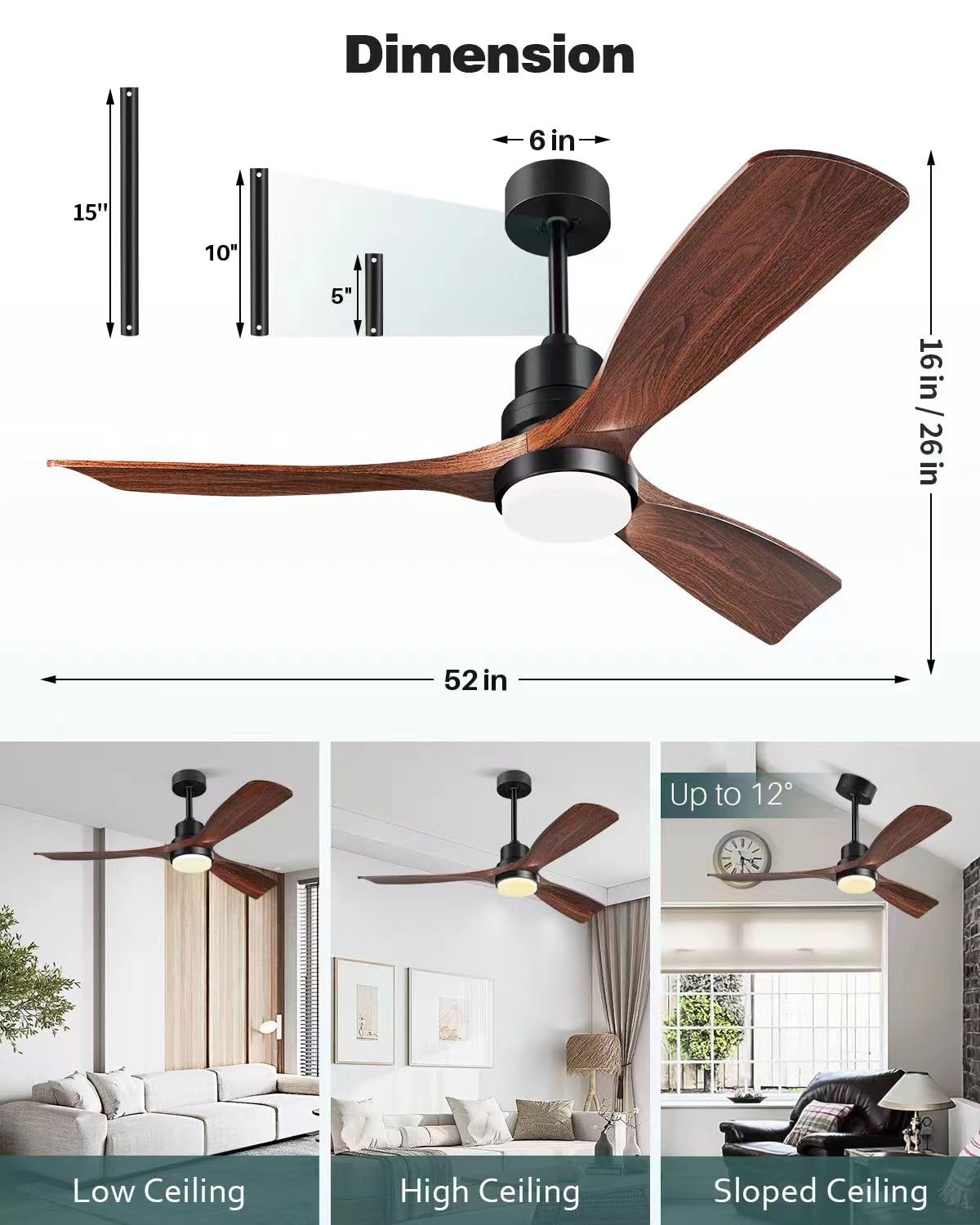 Forrovenco Ceiling Fans with Lights and Remote, 52 Inch Outdoor Ceiling Fan for Patios with Light 3 Downrods, 3 Blades Modern Ceiling Fan Noiseless Reversible DC Motor, Wood Fan for Farmhouse Forrovenco