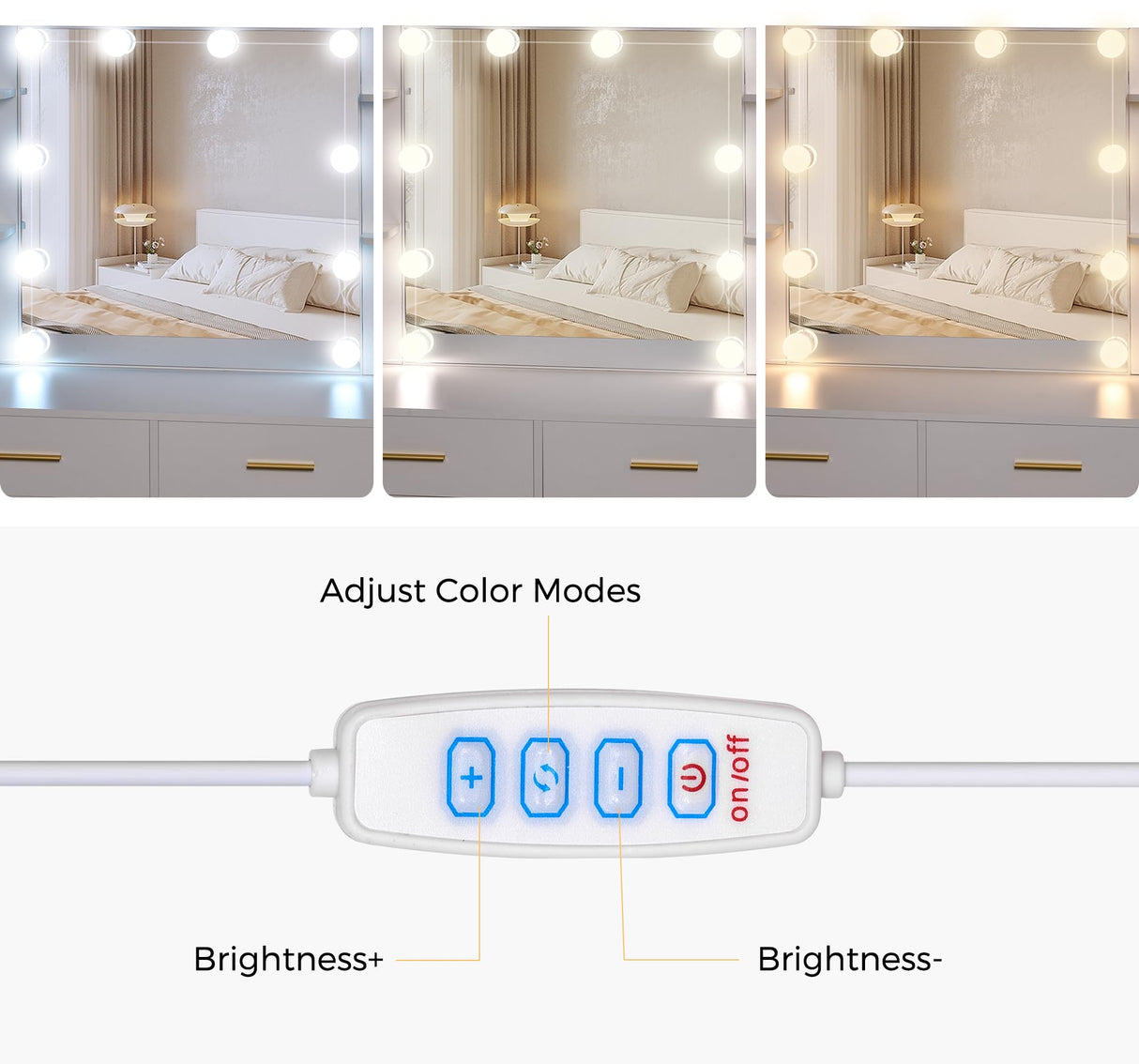 ANWBROAD 59.1" Large Vanity Desk Table with Mirror & Lights White Makeup Vanity with Power Outlet and 8 Drawers 2 Cabinets 3 Lighting Modes Adjustable Vanity Table for Bedroom Dressing Room UBDT67W ANWBROAD