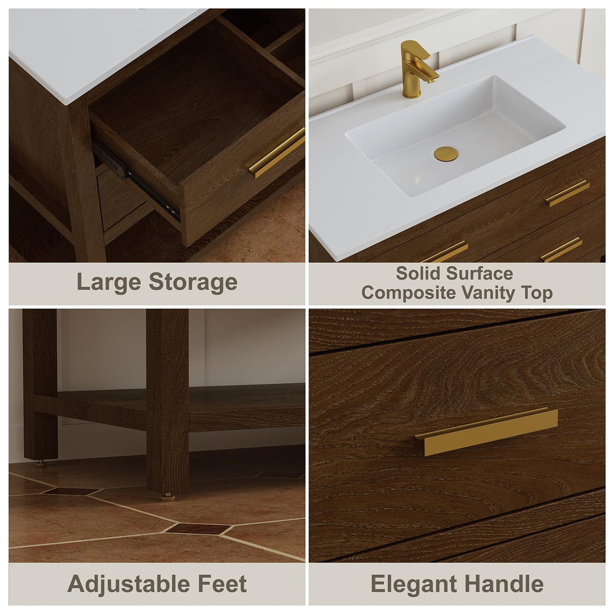 DELUXE LIVING 36 Inch Bathroom Vanity with Sink, Farmhouse Storage Cabinet with Drawers & Open Storage Shelf, Easy Assembly, Adjustable Feet, Walnut DELUXE LIVING
