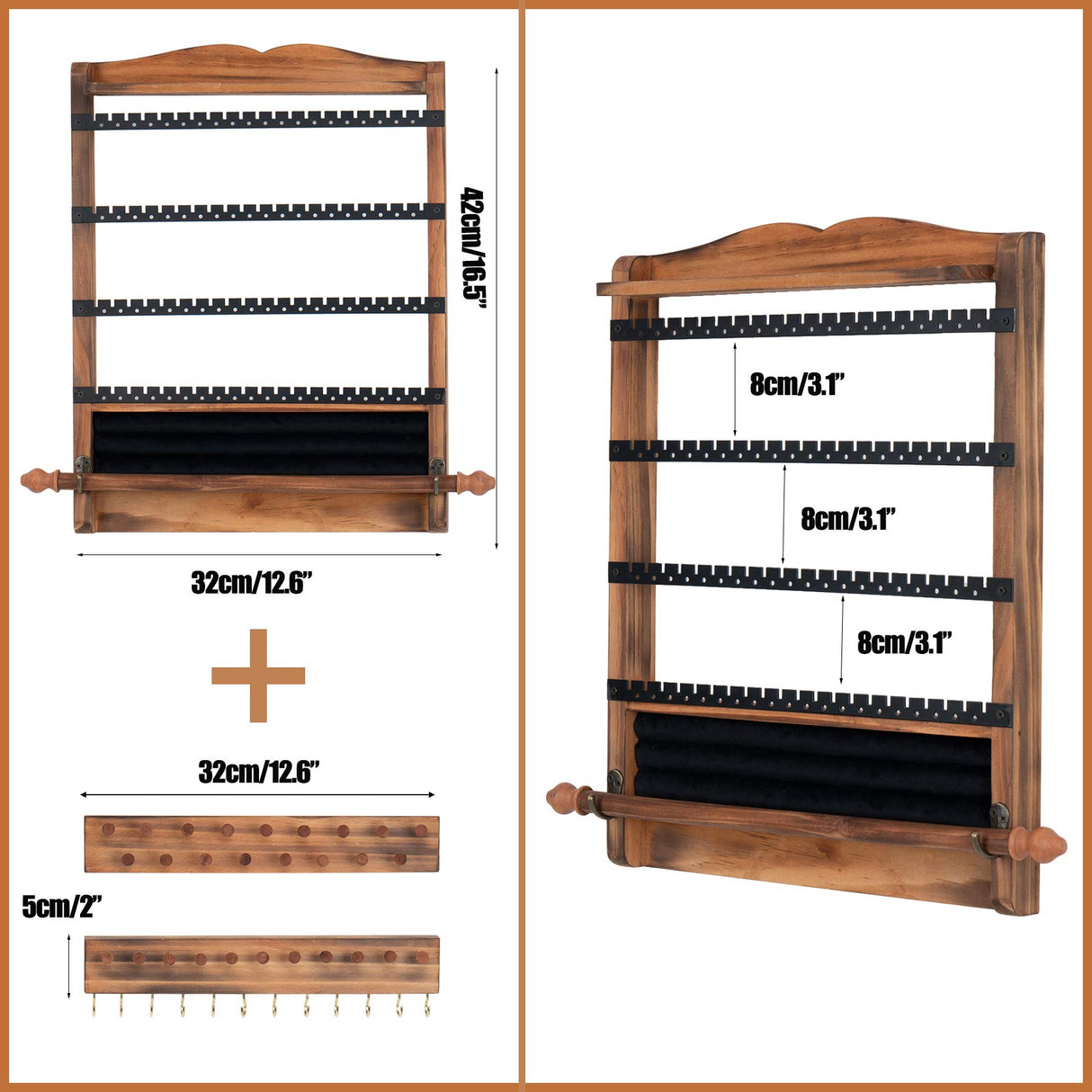 QILICHZ 3Pcs Jewelry Organizers and Storage,Wood Hanging Jewelry Organizer,Rustic Wall Jewellery Organizer,Wall Mounted Earring Holder Organizers for Storage Display Gift (Brown+Black) QILICHZ