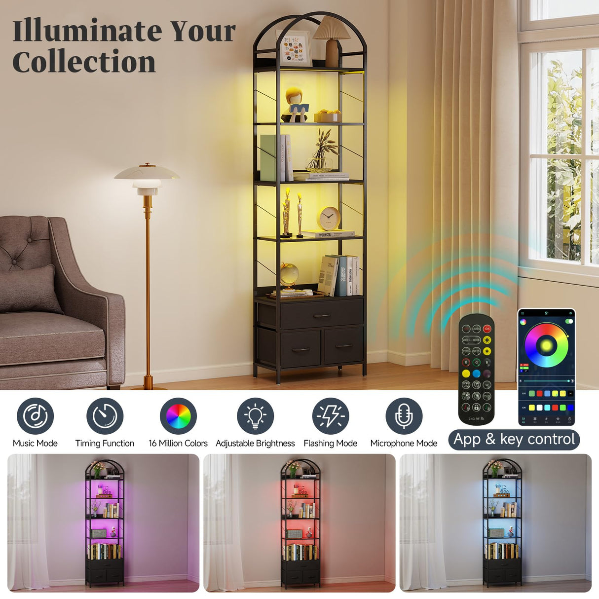 Turosur Arched Bookshelf with 3 Drawers & LED Lights, 83" Tall Narrow Bookcase with Open Shelves, 6 Tier Industrial Bookshelf for Living Room, Bedroom, Study, Black Turosur