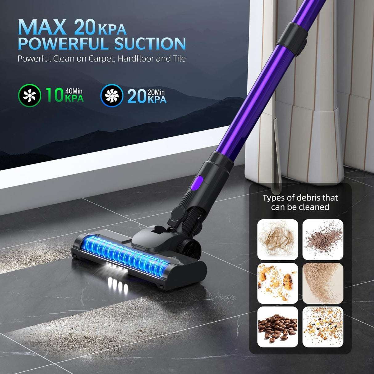 Cordless Vacuum Cleaner, 20KPA Stick Vacuum with LED Display, 2 Modes 6 in 1 Lightweight Cordless Stick Vacuum Cleaner with 40Min Detachable Battery Vacuum Cleaner for Home Hard Floor Car Carpet Bieiao