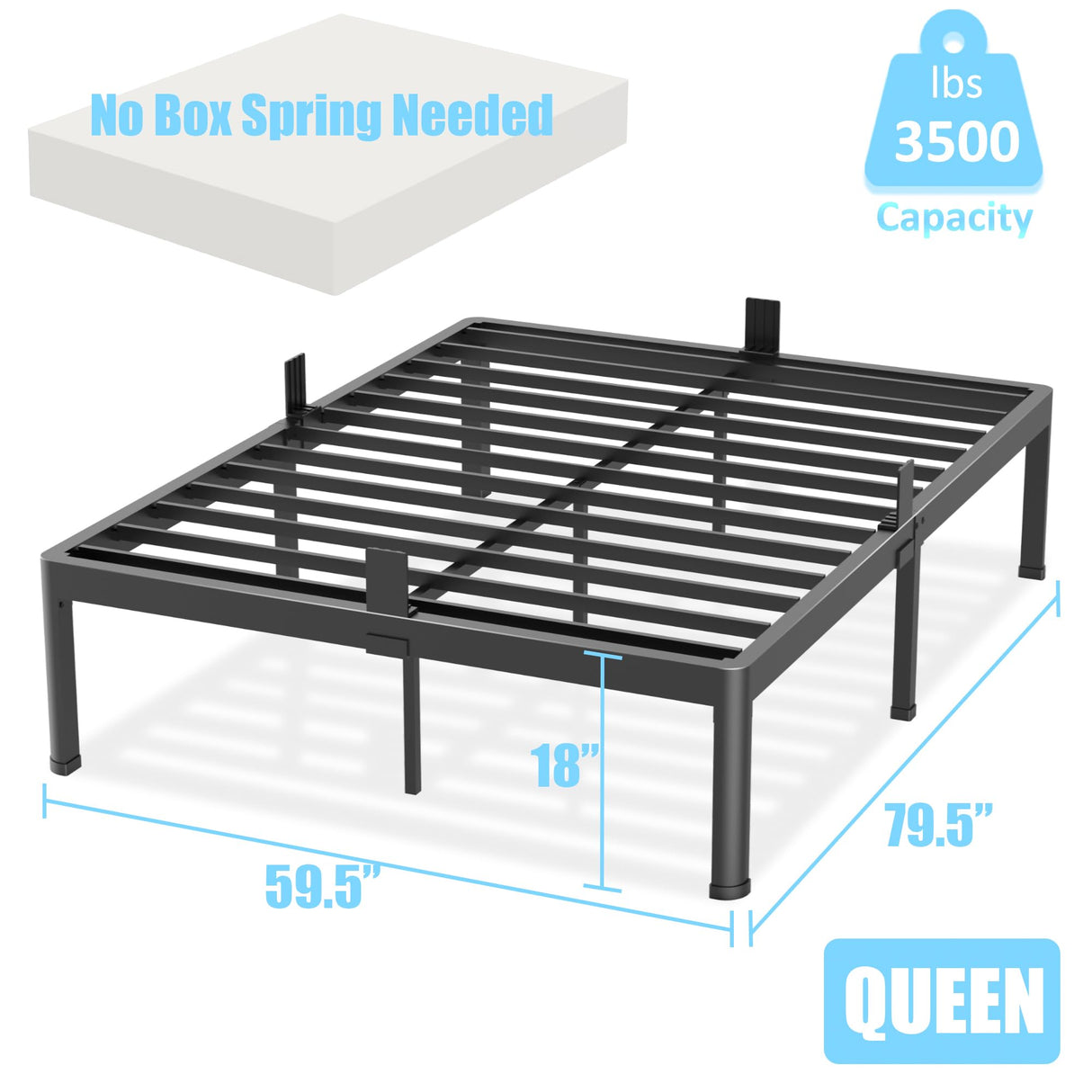FUIOBYVV Queen Bed Frame with Round Corner Edge Legs 18 inch High 3500 lbs Heavy Duty Metal Platform Bed Frame Queen Size No Box Spring Needed/Non-Slip/Steel Slat Support/Noise Free FUIOBYVV