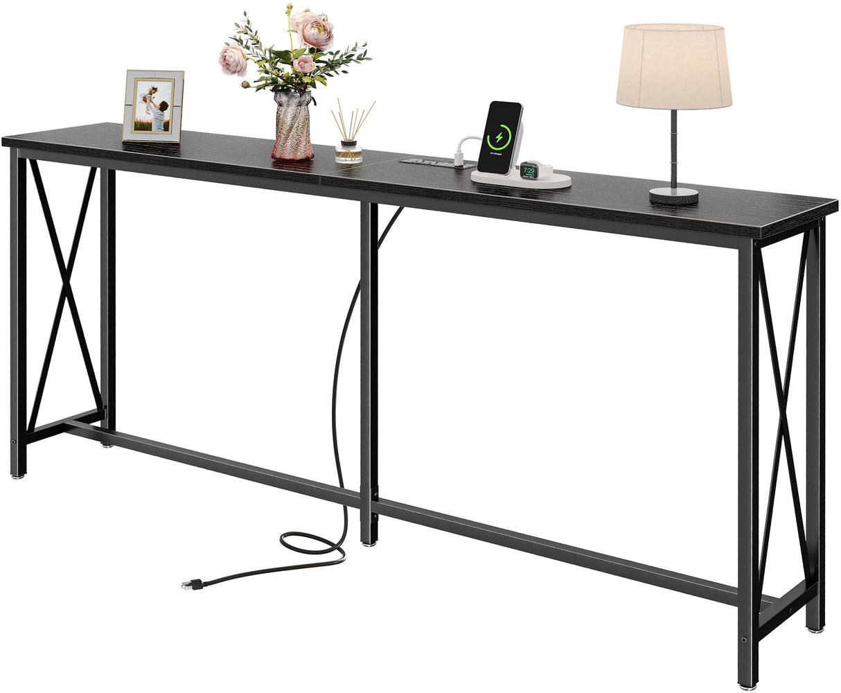 SUPERJARE 70 Inch Console Table with 2 Outlets, 1 Type-C and 1 USB Port, Extra Long Entryway Table with Metal Frame and X-Shaped Bars, Narrow Sofa Table for Living Room, Hallway, Black SUPERJARE