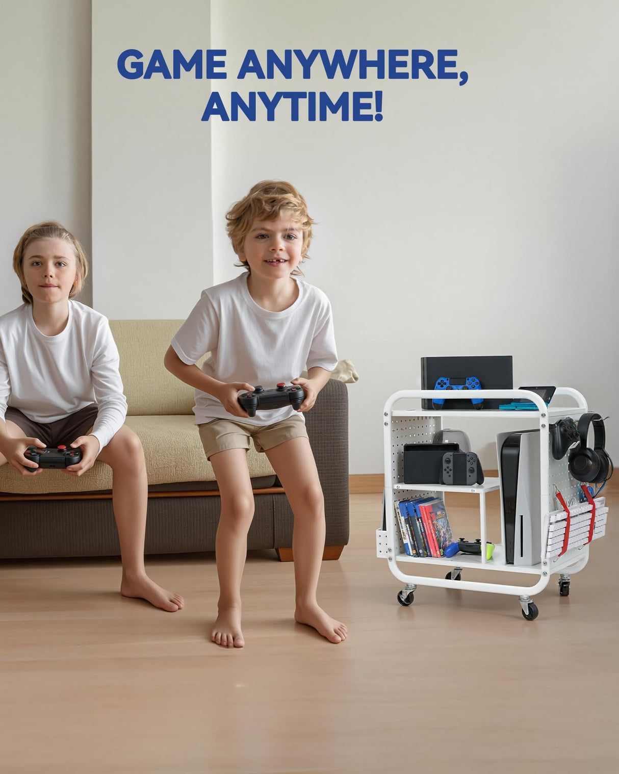 Mythinglogic Gaming Station Organizer, Metal Game Controller Holder, Video Game Console Storage Rack, Game Organizer Storage for PS5/PS4/Xbox/Switch/Game Accessories (White, 23.62" x 12.60" x 25.98") Mythinglogic