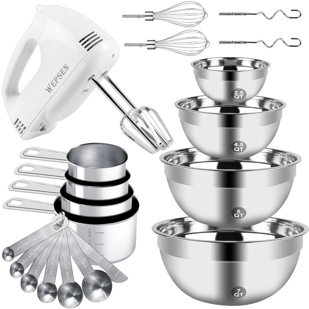 WEPSEN Hand Mixer Electric Mixing Bowls Set, 5 Speeds Handheld Mixer with 4 Nesting Stainless Steel Mixing Bowl, Measuring Cups Spoons 200W Kitchen Blender Whisk Beater Baking Supplies For Beginner WEPSEN