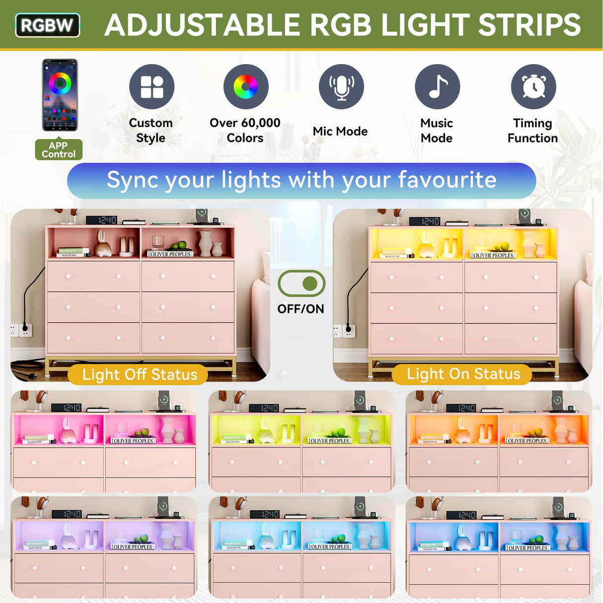 TrailBlaze Wide Dresser for Bedroom with Charging Station, 6 Drawer Modern Large Capacity Storage Cabinet Chests of Drawers & Wood Dressers Closet with Led Lights Pink TrailBlaze