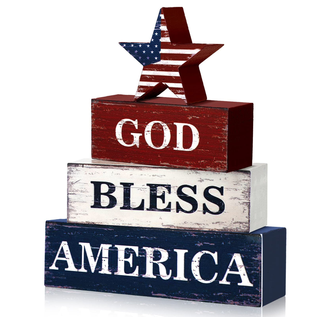 Huquary 4 Pcs Farmhouse 4th of July Patriotic Table Sign Independence Day Table Wood Decorations Patriotic Themed Rustic Farmhouse Wood Block Sign for Party Home Desk (Flag) Huquary