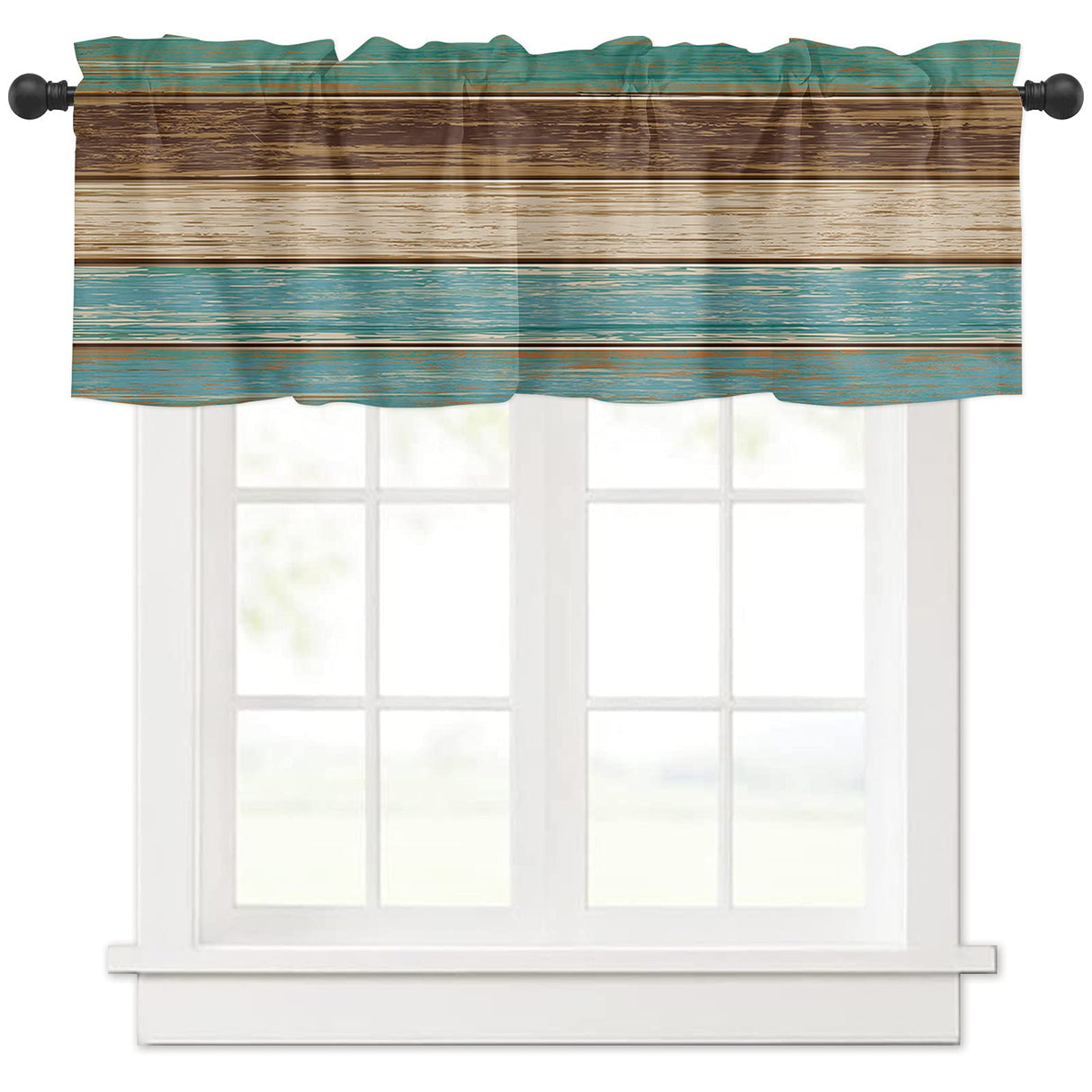 Rustic Farmhouse Valances Curtains for Kitchen Windows, Retro Wood Rod Pocket Curtain Toppers Teal Green Brown Country Short Curtains Treatments for Bedroom/Living Room/Bathroom,54" X 18"-1 Panel Vandarllin