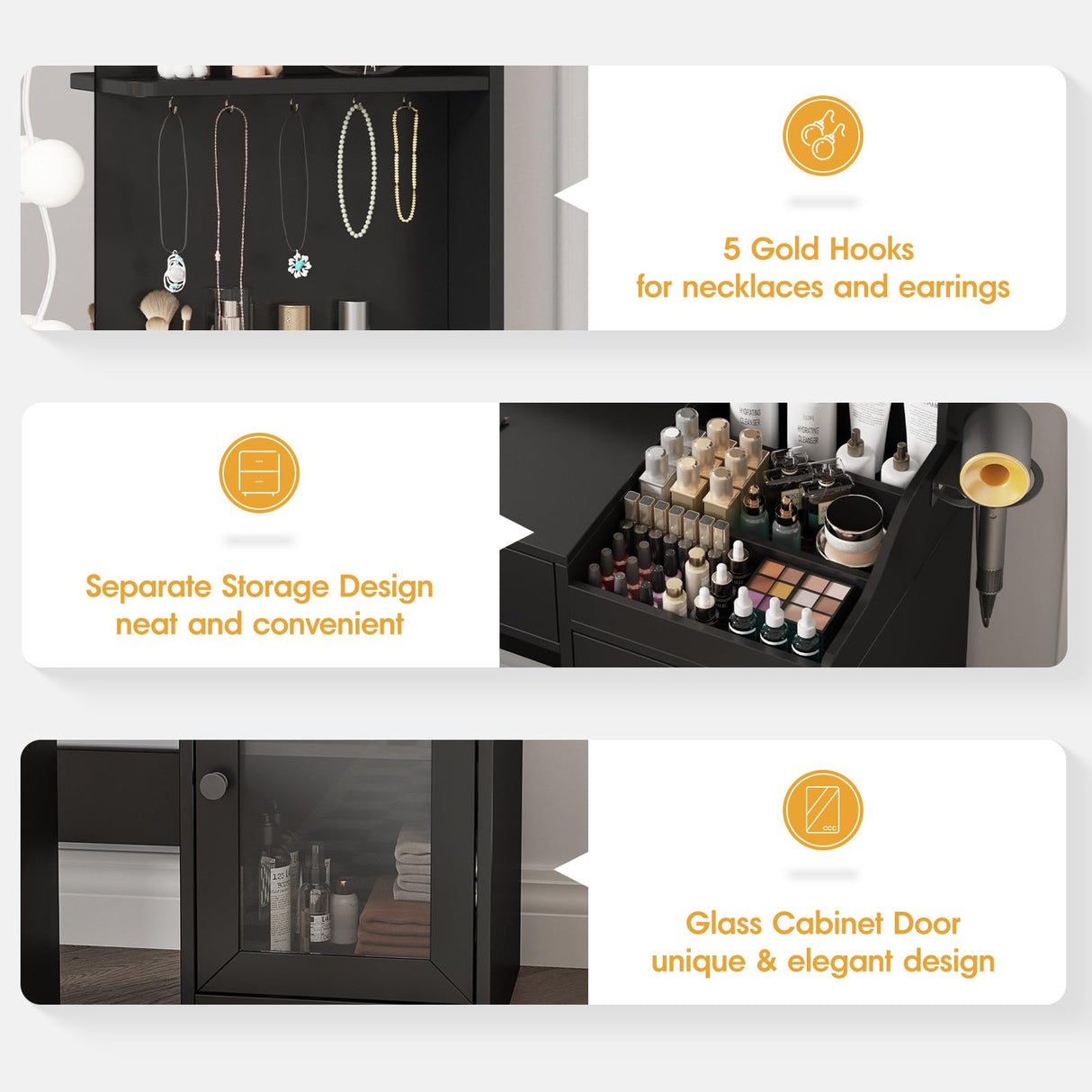 Vabches Makeup Vanity with Mirror and 10 Lights, Big Vanity with 3 Storage Compartments & Power Outlets, Vintage Vanity Set with Large Drawer and Cabinet, 39.8inch, Black Vabches