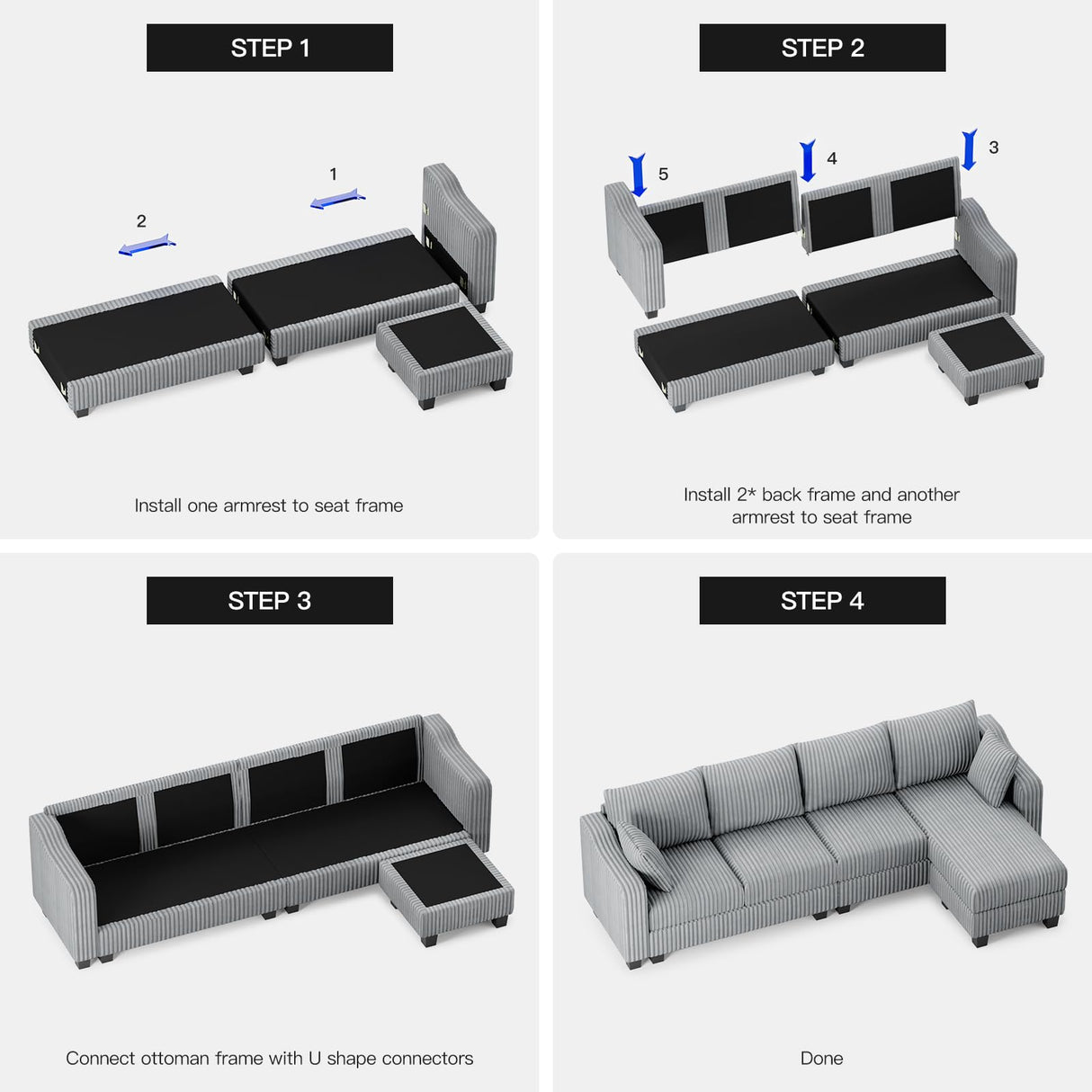 Belffin Sectional Couch with L-Shape Chaise L Shaped Couch with Ottoman Sectional Couches for Living Room Corduroy (Light Grey, L Shaped) Belffin